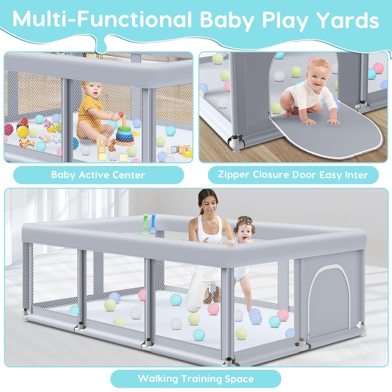 Fshibila 74" ×50" Large Baby Playpen, Baby Playard for Babies and Toddlers, PlayPen for Indoor & Outdoor, Sturdy Safety Play Yard with Soft Breathable Mesh, Anti-Fall, Ball x 18, Handle x 2, Grey