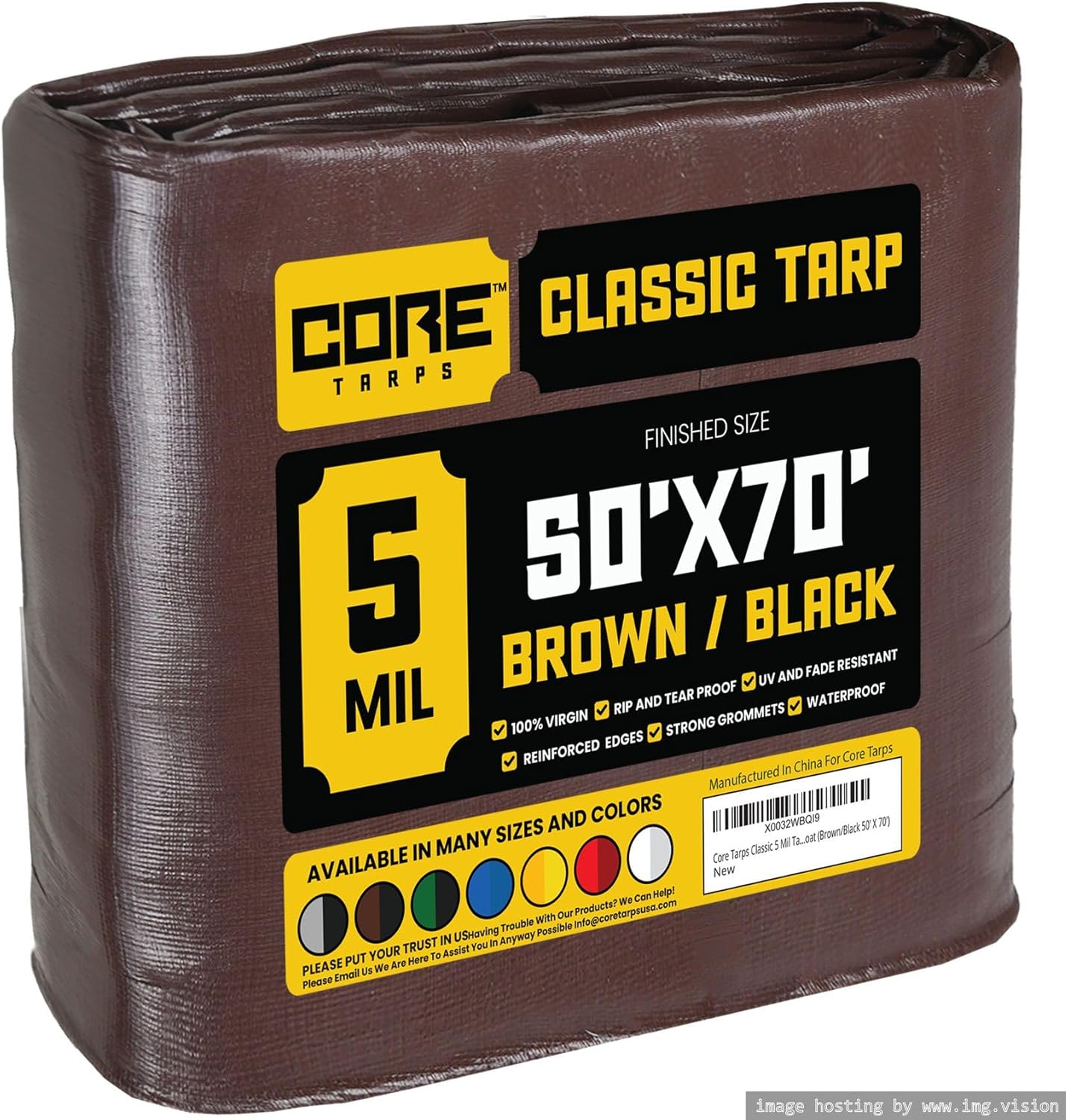 Core Tarps Classic 5 Mil Tarp Cover, Waterproof, UV Resistant, Rip and Tear Proof, Poly Tarpaulin with Reinforced Edges for Roof, Camping, Patio, Pool Cover, Boat (Brown/Black 50 X 70)