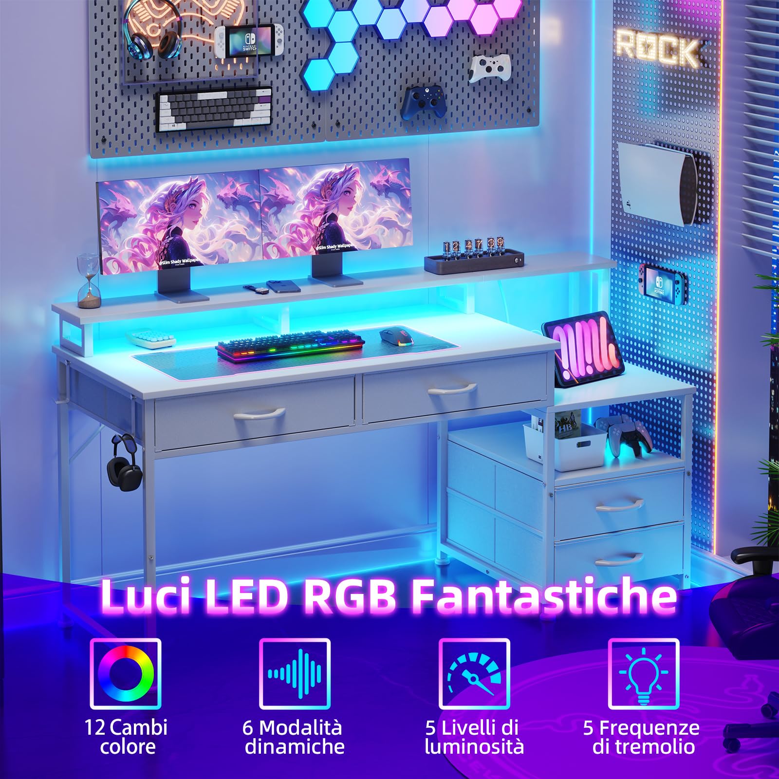 CAIYUN Scrivania Gaming LED, Scrivania da Gamer con Stoccaggio, Scrivania da Gamer con 4 Cassetti & Presa Integrata, Tavolo Computer Reversibile con Ripiani di Stoccaggio & Supporto Monitor (Bianco)