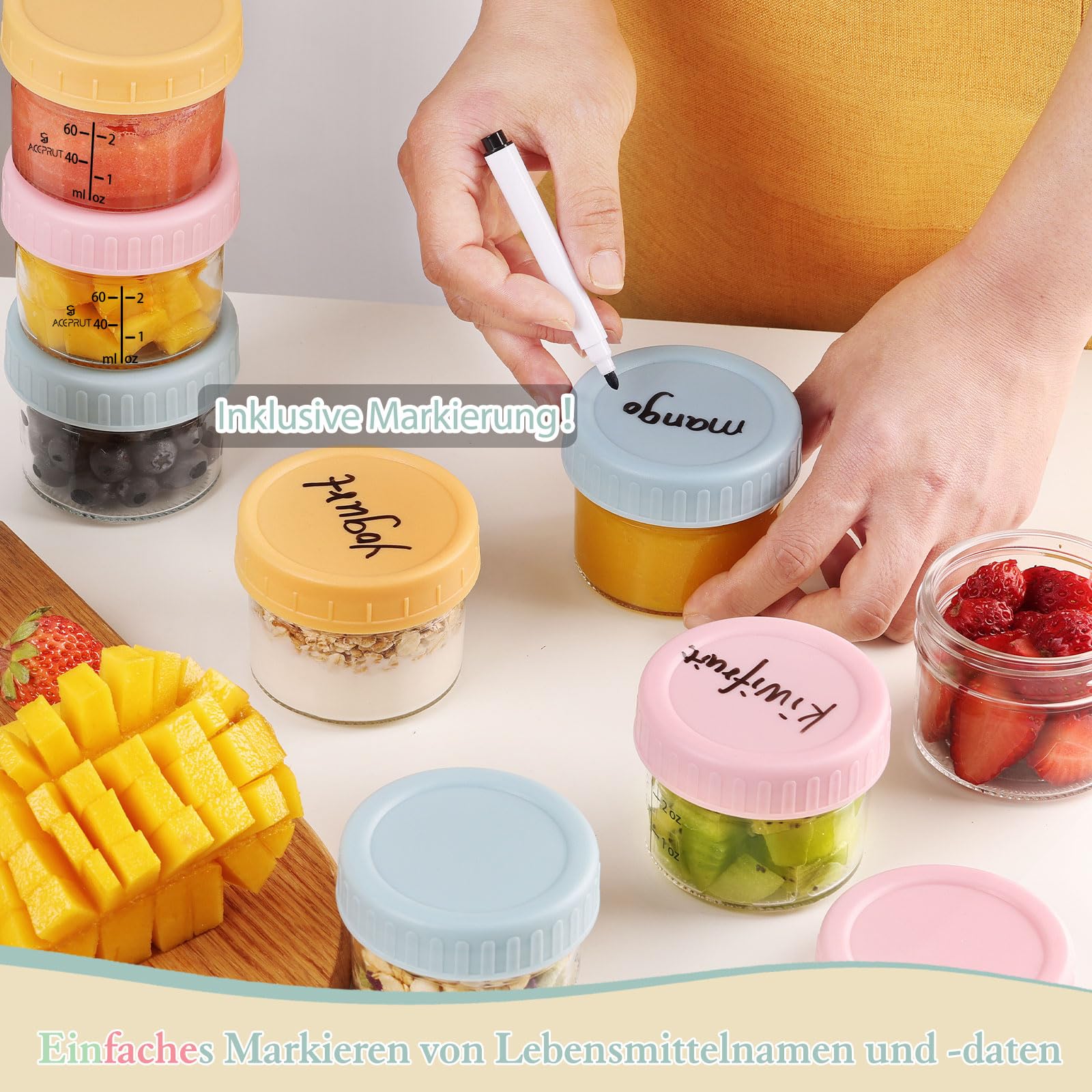 ACEPRUT 14 Stück Glas Babybrei Einfrieren Behälter, Beikost Baby Zubehör, Babynahrung Aufbewahrung, Auslaufsicher, BPA-frei, Mikrowelle, Geschirrspüler & Gefrierschrank sicher