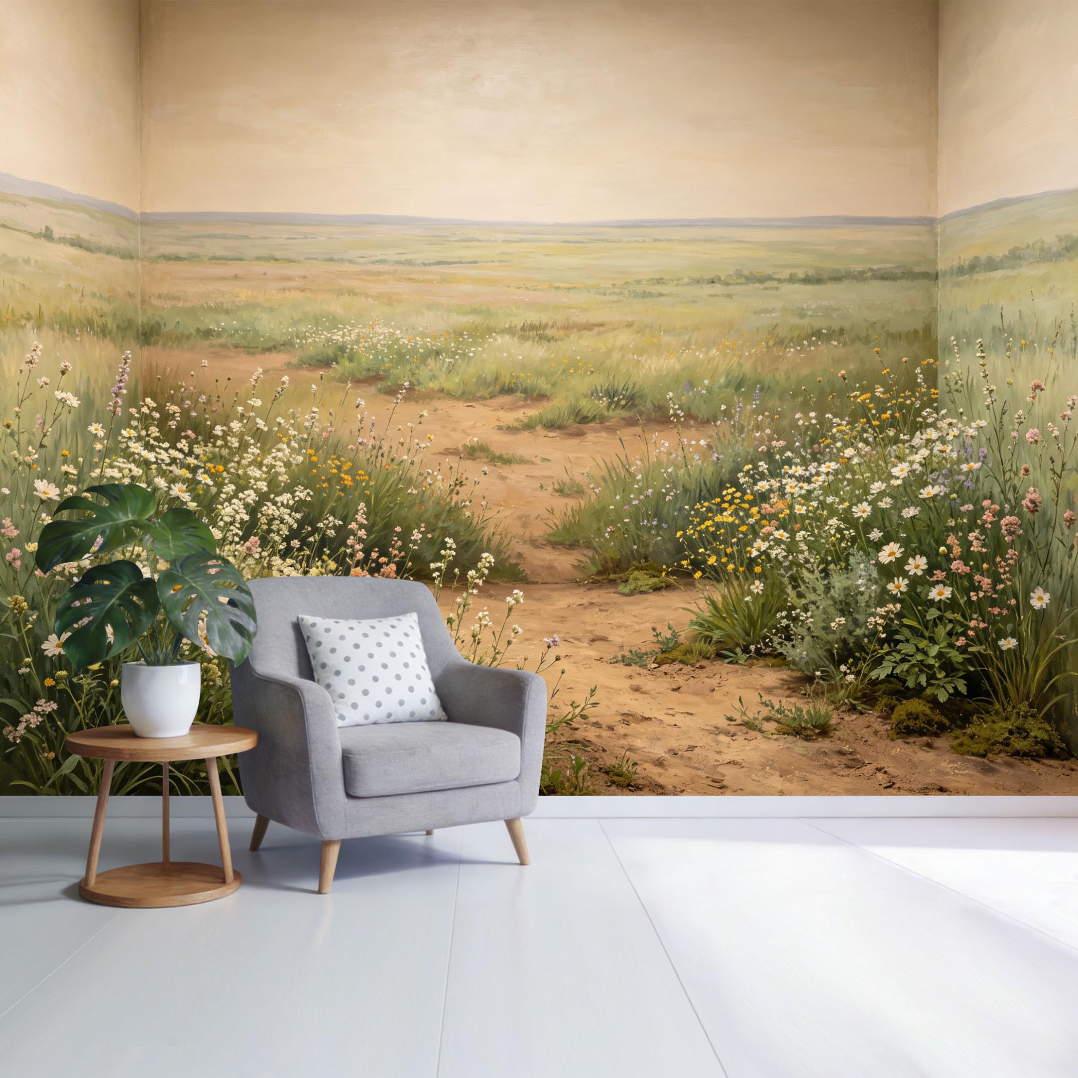 Custom Size Wall Mural Wildflower Meadow Path Landscape Botanical Field View SelfAdhesive Wall Fabric Removable Wallpaper for Home Office Decor