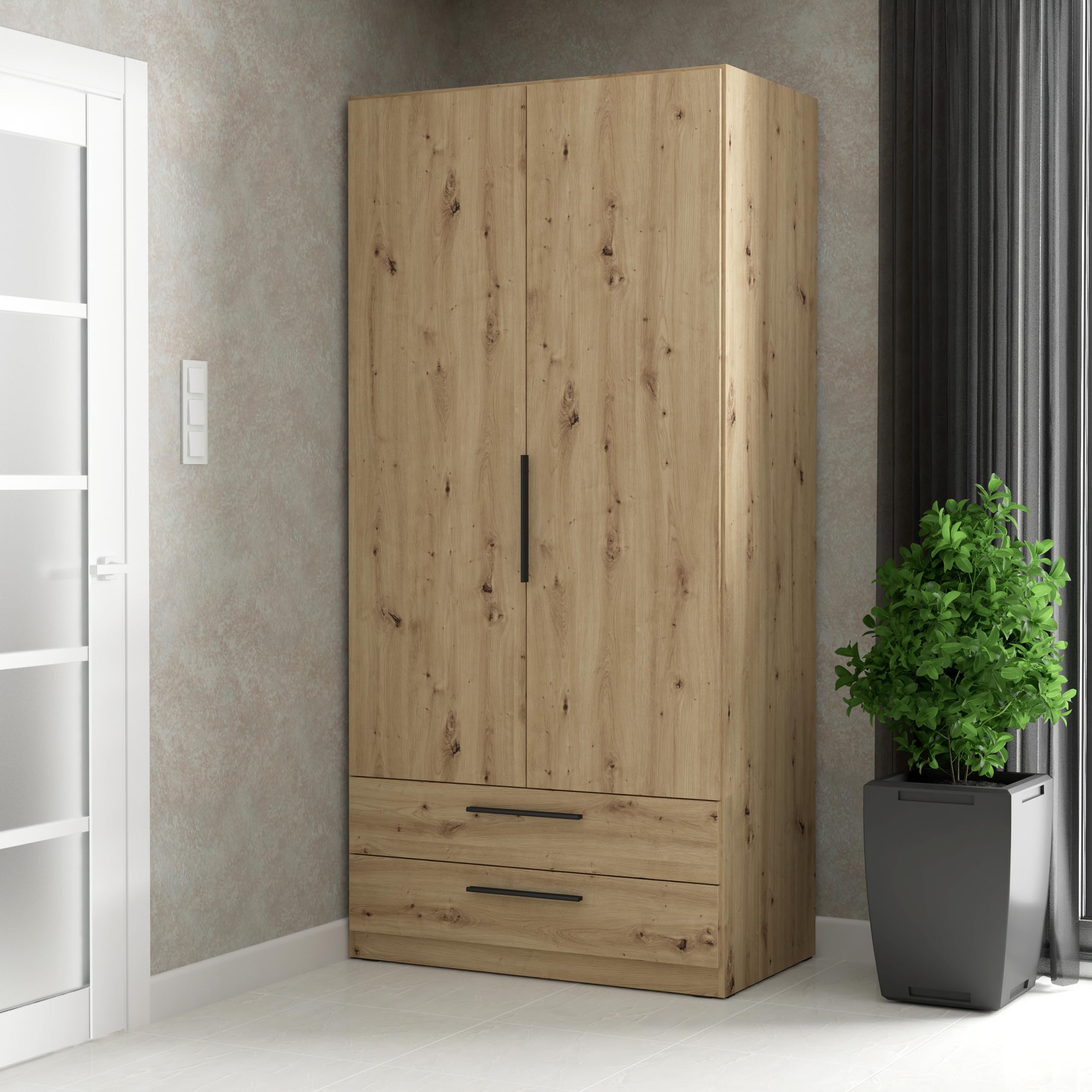 Forte CADIXO Kleiderschrank 100, klassischer Schrank mit Zwei Drehtüren und 2 Schubladen, Holzwerkstoff, Artisan Eiche Dekor, 100,9 cm breit, 212,9 cm hoch, 58,9 cm tief