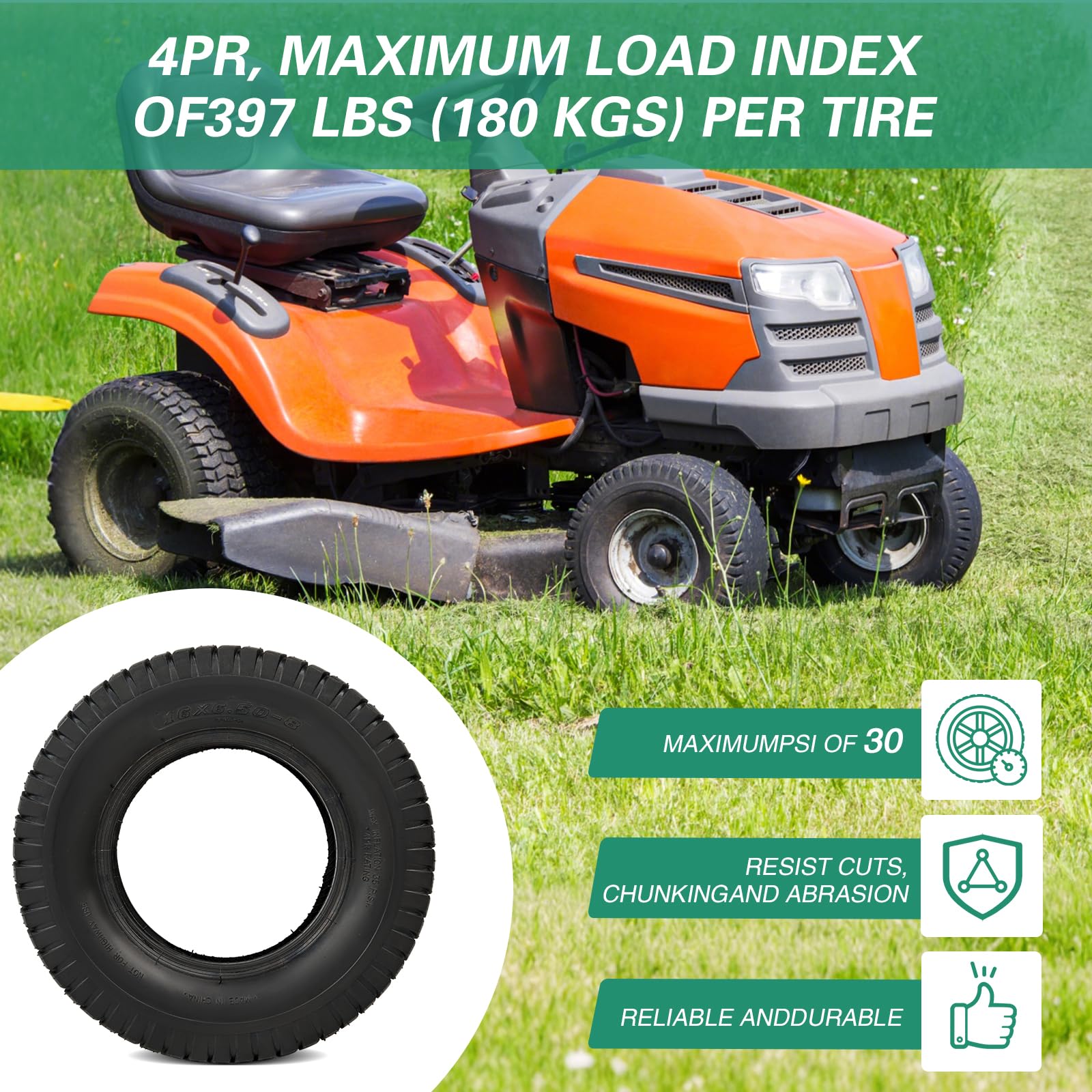 16x6.50-8 Lawn Tractor Tires Replacement - 4PR Tubeless Durable, with Deep Ribbed Treads, Rim Not Included(2-Pack) - 5