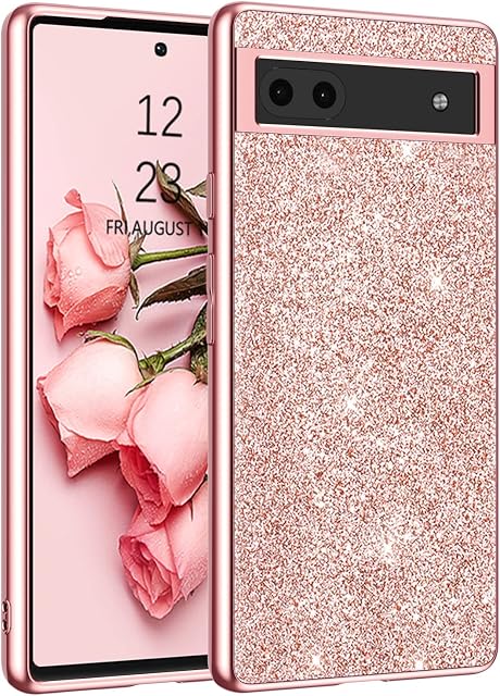 YINLAI Google Pixel 6a Case Glitter Shiny Sparkly Slim Shockproof Hybrid Covers Drop Protection Girly Women Phone Case for Google Pixel 6a,Rose Gold/Pink