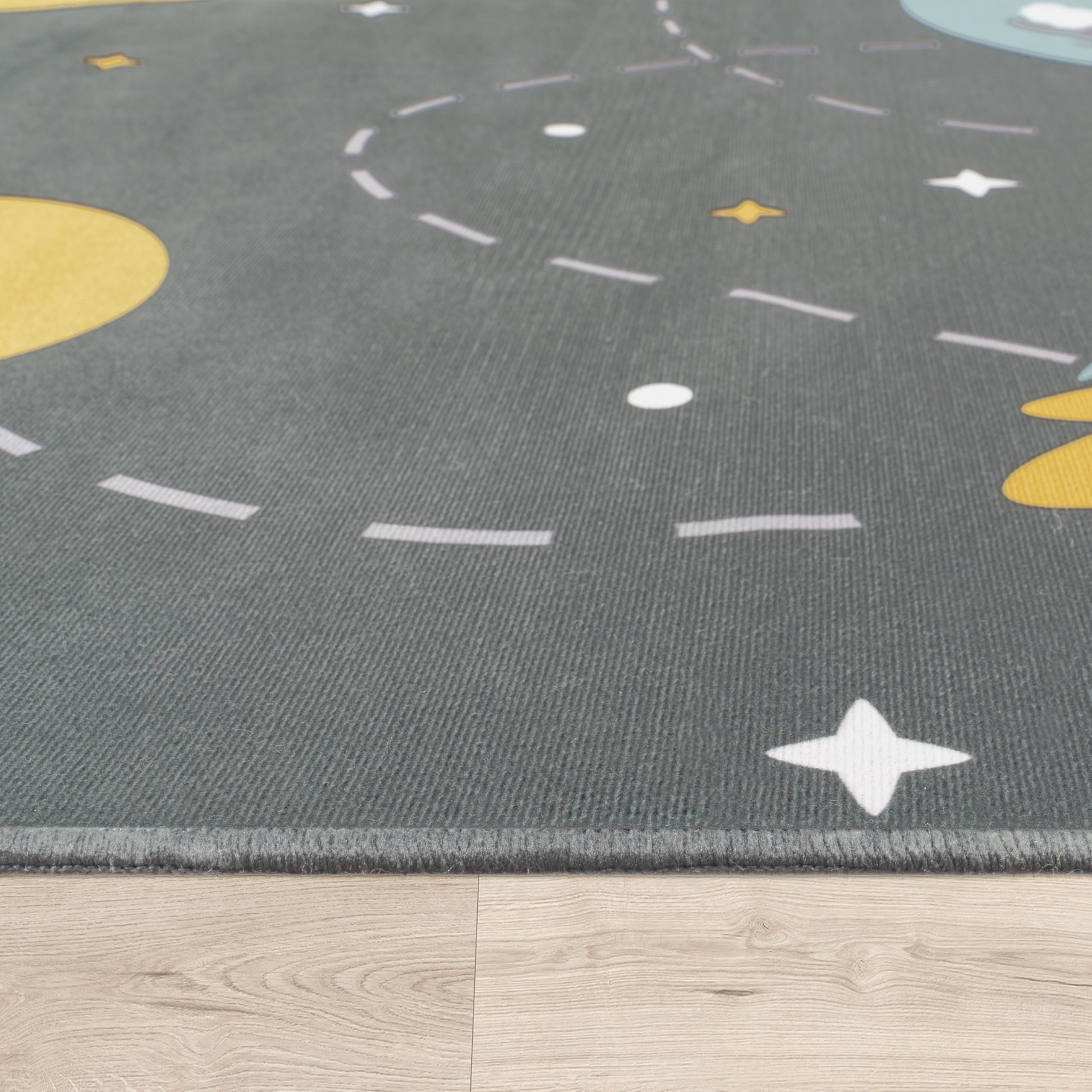 Paco Home Tapis Chambre Enfant Bebe Fille Garcon Antidérapant Etoile Planète Fusée Lavable en Machine Gris Bleu Jaune, Dimension:140x200 cm