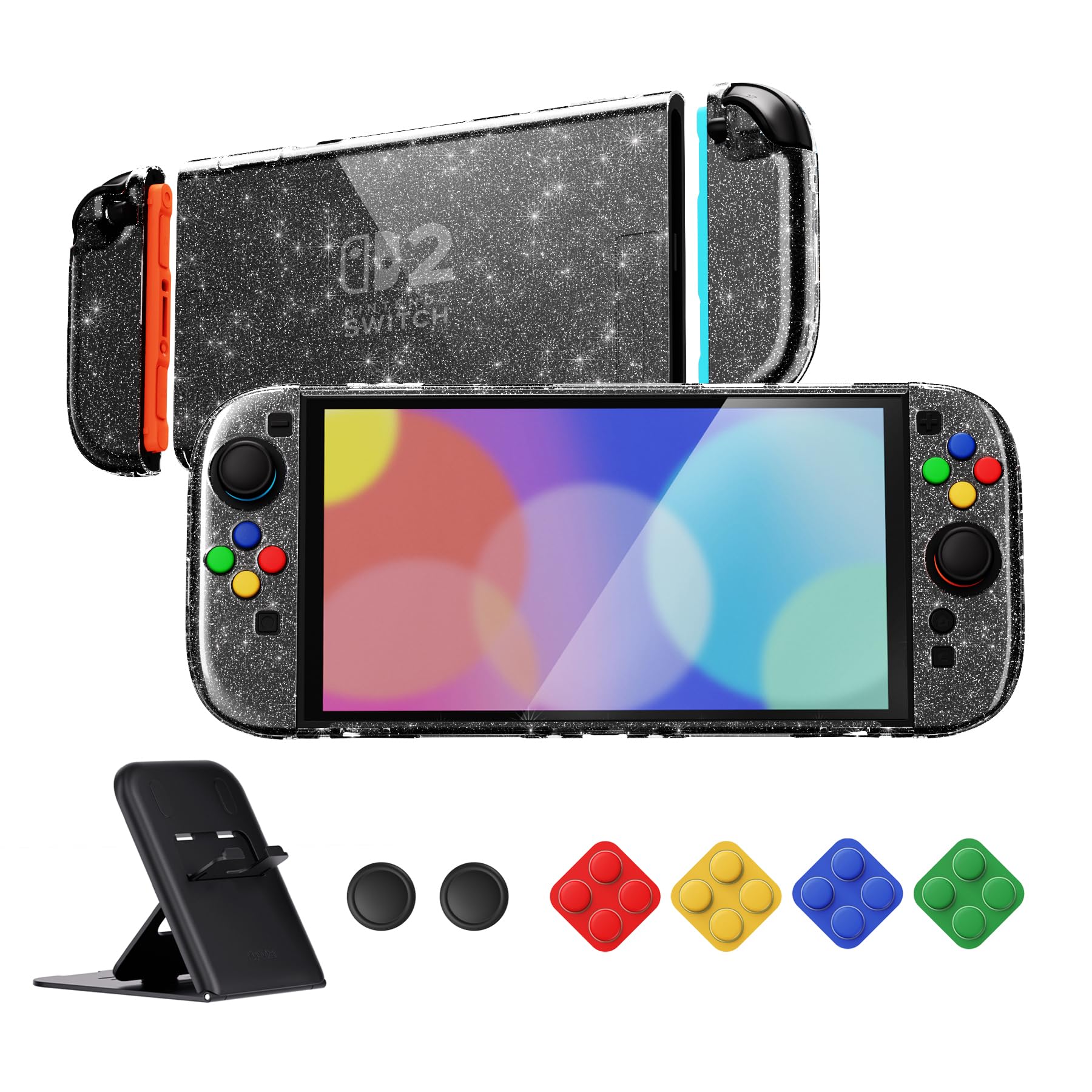 playvital pour Switch 2 Coque avec Cover Grip pour Joycon,Coque Protection Dockable pour Nintendo Switch 2 Support & Capuchon Joystick & Caps Boutons-Argent Clair Glitter