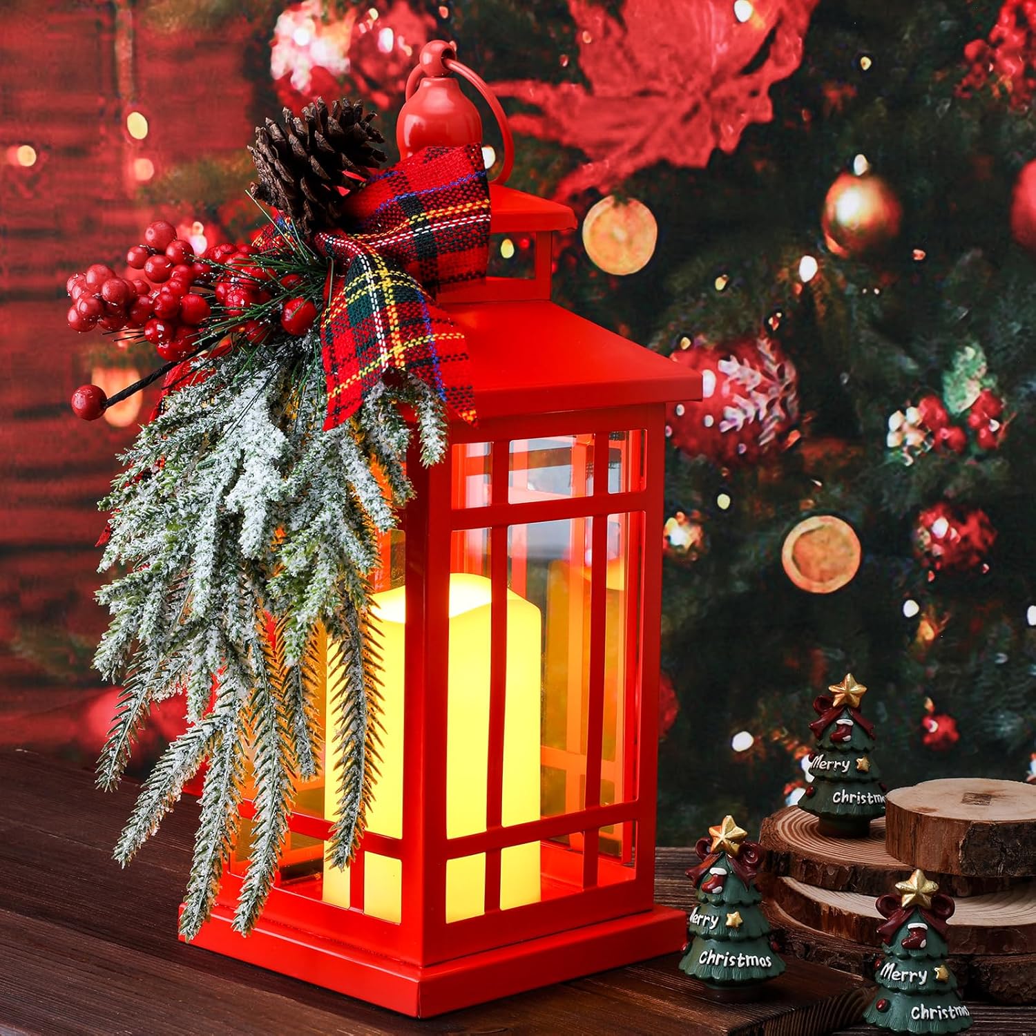 Baquler Christmas Lanterns Decorations 14 Inch Red Decorative Lantern Battery Powered Lanterns Decor Vintage Lantern Hanging Metal Indoor for Holiday Christmas Table Decor