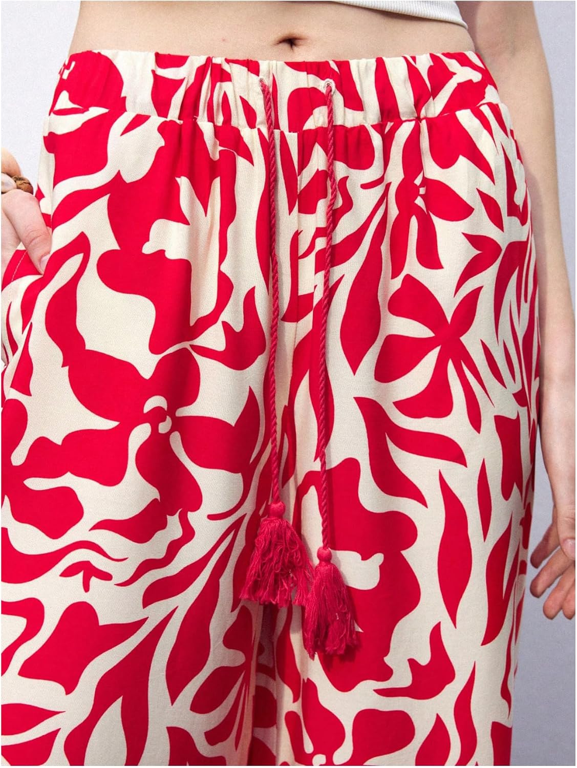 OYOANGLE Women's Wide Leg Boho Graphic Pants Tassel Drawstring Waist Trousers with Pockets - Image 4