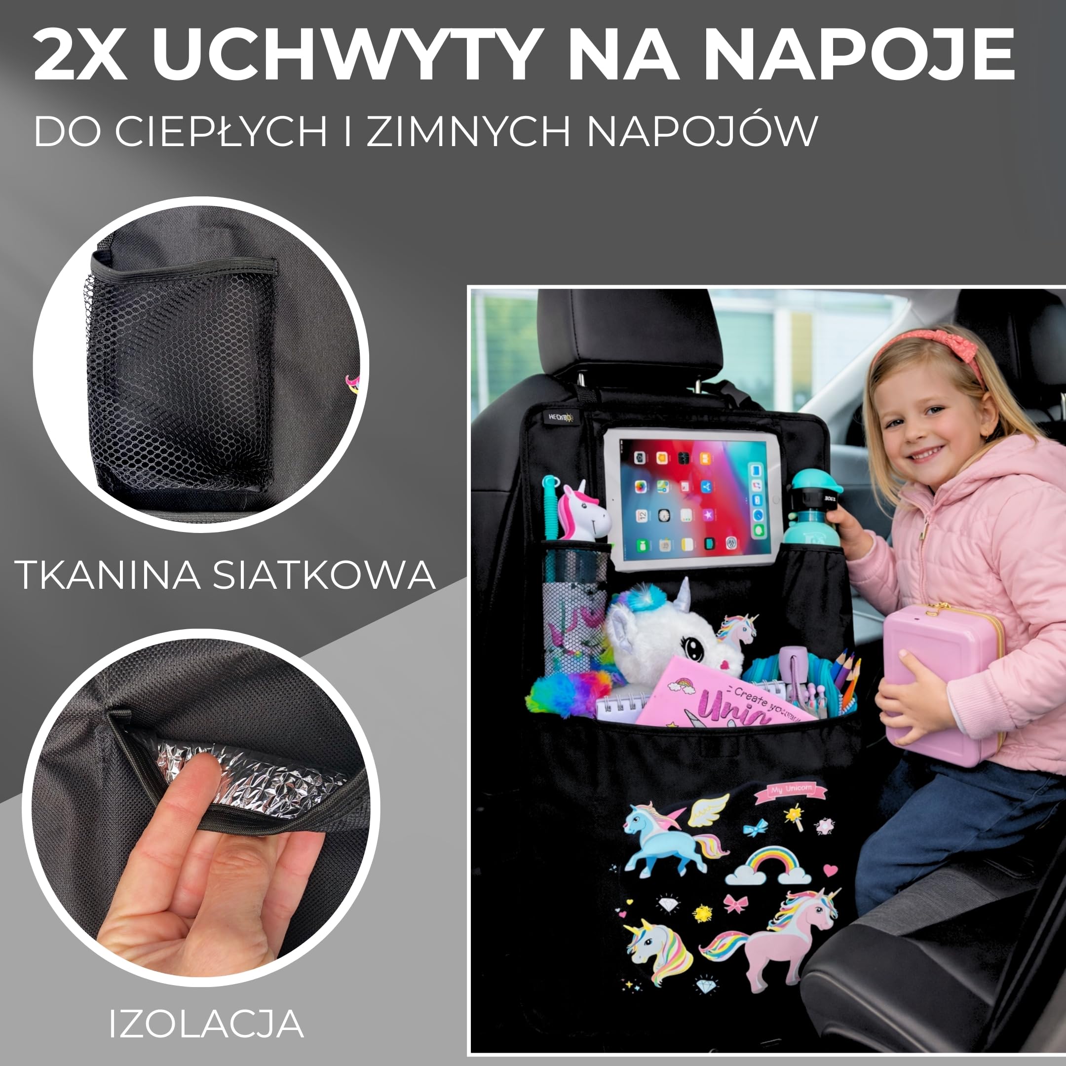 HECKBO 1x dziecięcy organizer na oparcie fotela samochodowego z regulowaną kieszenią na tablet, miejsce na akcesoria – Jednorożec – 70x45 cm – w zestawie uchwyt na napoje