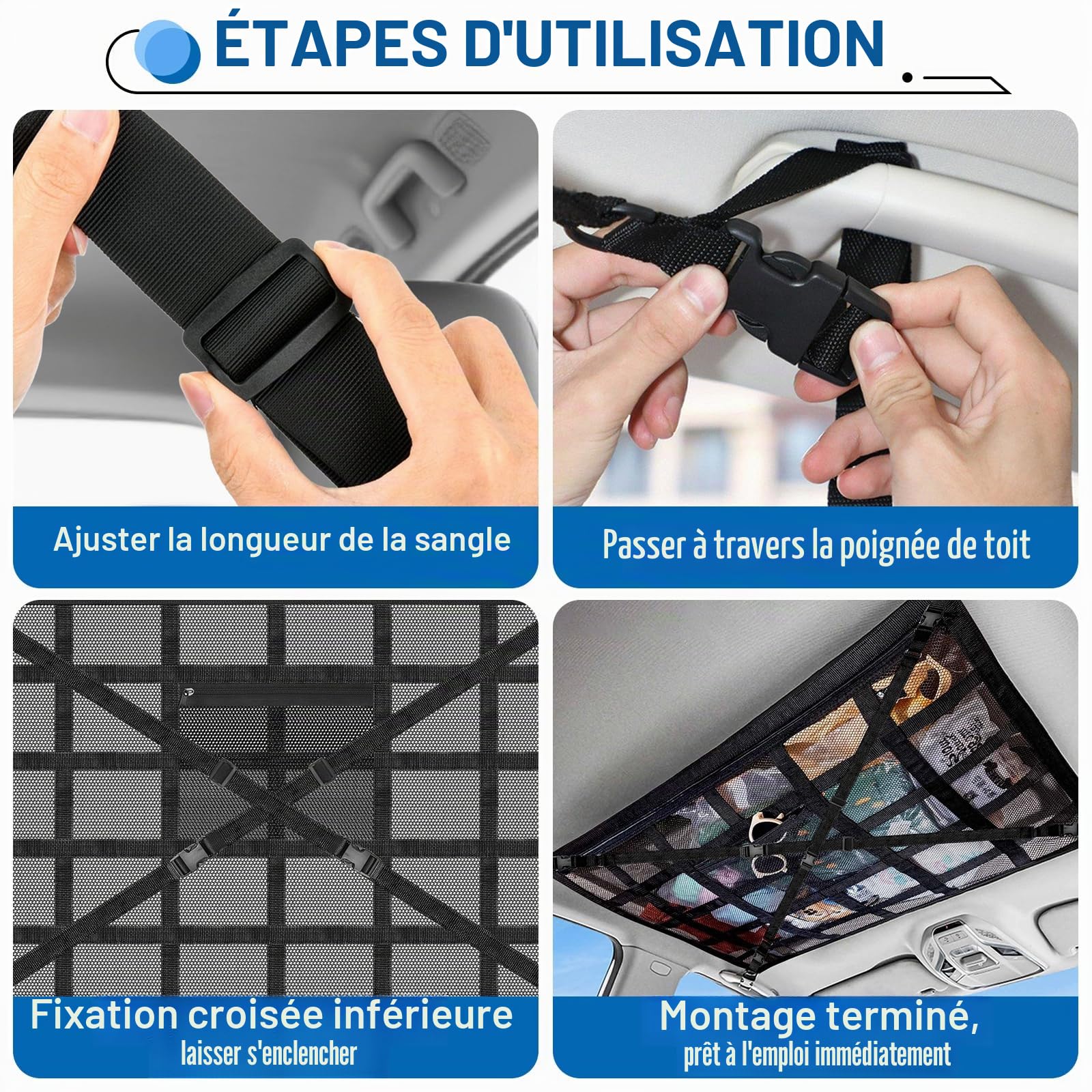 Filet à bagages pour voiture, 90x65cm Filet de toit pour voiture à l'intérieur et filet de siège gratuit, renforcement en forme de X, filet de rangement pour camping-car, SUV, fourgon, Jeeps