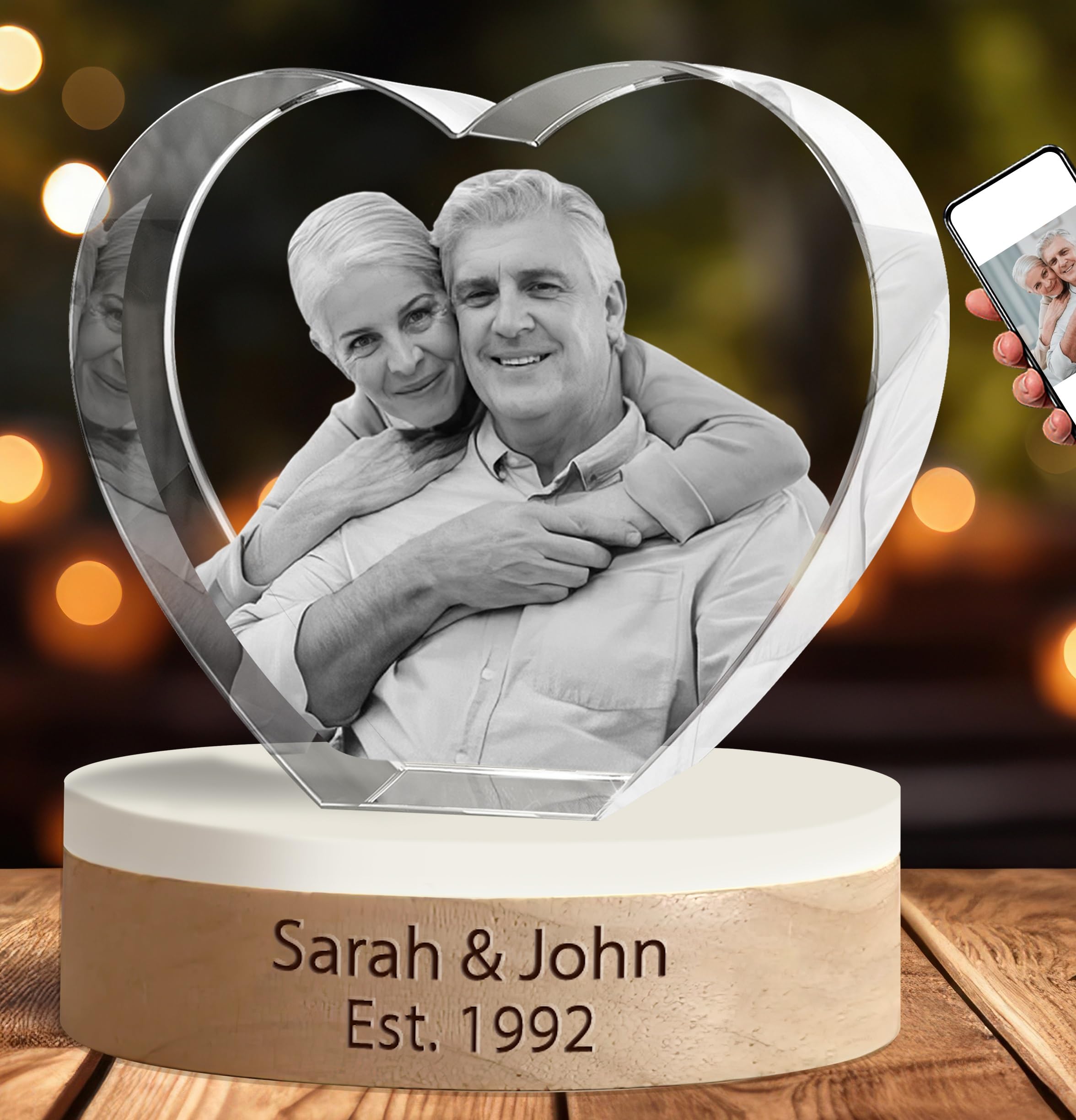 OZCONO Personalized Engraved Crystal Photo Laser Glass Picture Cube, 3D Crystal Heart Small