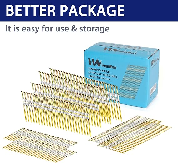 HW HAMWOO 21°Framing Nails,Smooth Shank,2,2-1/2,3,3-1/2:1200pcs | Galvanized,Round Head,Suitable for 20 to 22 Degree Framing Nailer