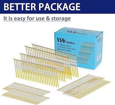 HW HAMWOO 21°Framing Nails,Smooth Shank,2,2-1/2,3,3-1/2:1200pcs | Galvanized,Round Head,Suitable for 20 to 22 Degree Framing Nailer