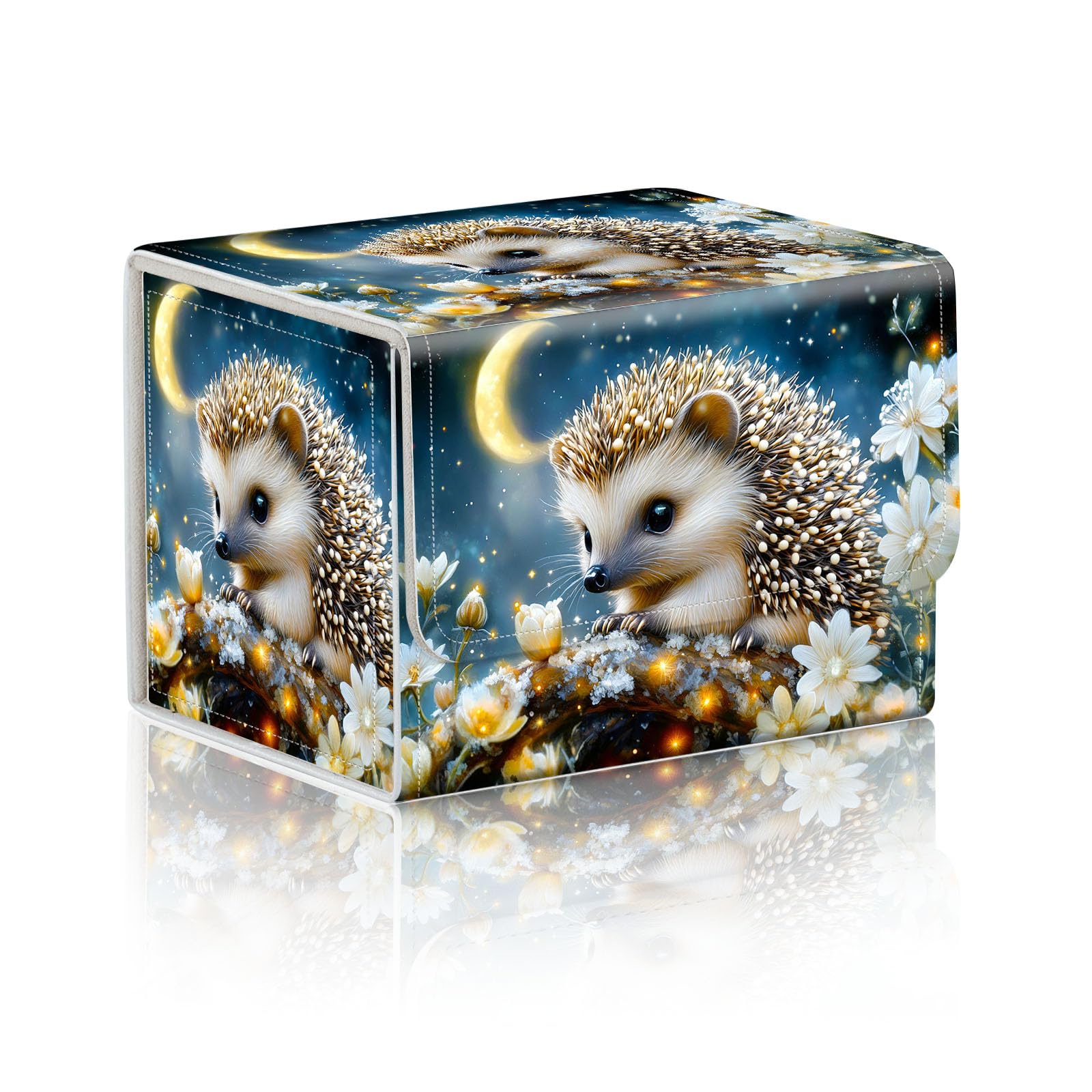 DISUOFEART Trading Card Storage Box, Holds 100+ for MTG Cards, PU Leather with Magnetic Closure, Hedgehog on Frosted Branch Durable Deck Box for Magic the Gathering, Trading Card Games