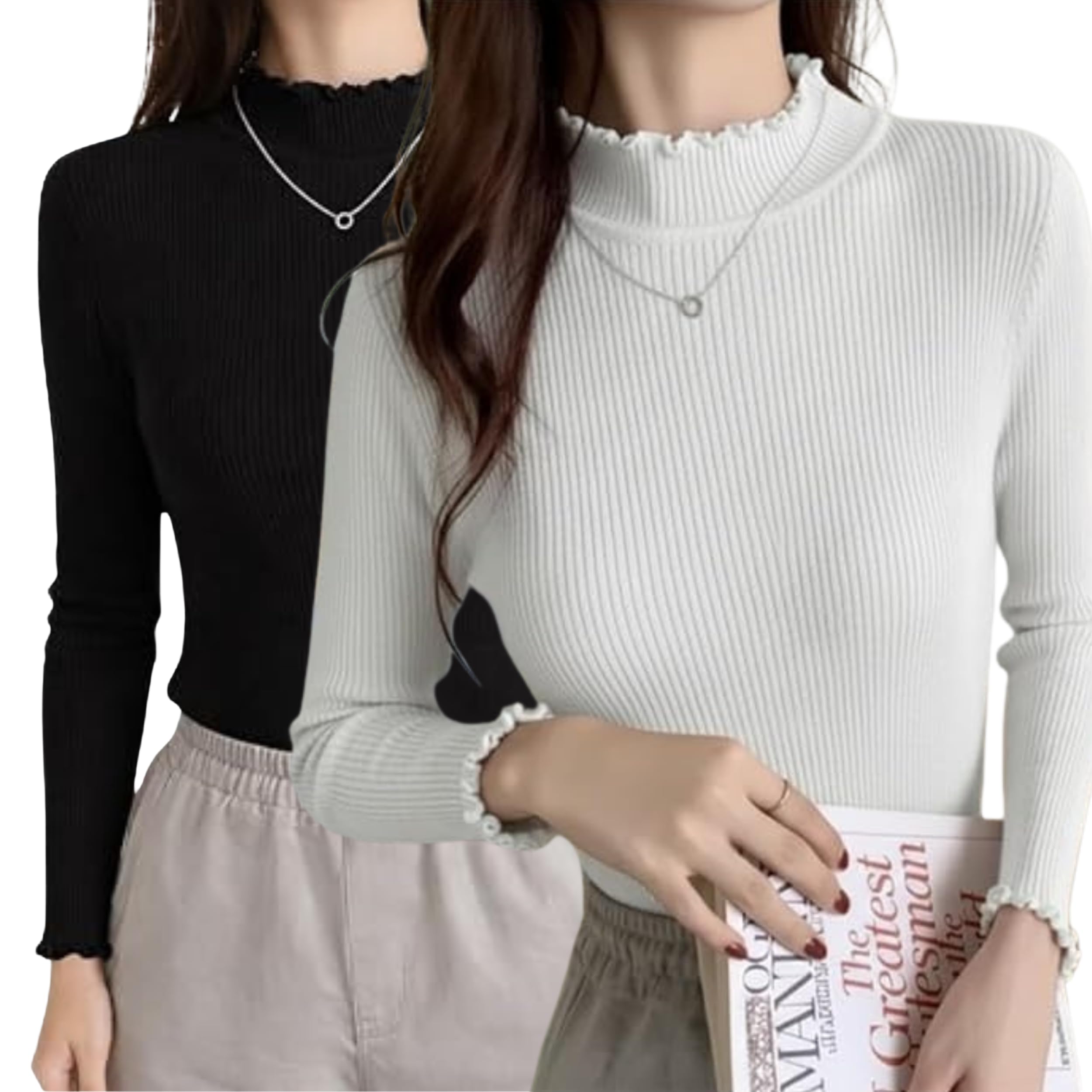 Women Ribbed Designer Turtle Neck Top Stretchable Full Sleeve Sweater Slim Fit Winter Wear Stylish Casual Pullover for Girls Soft Comfortable Fashion Top- Combo-image-3