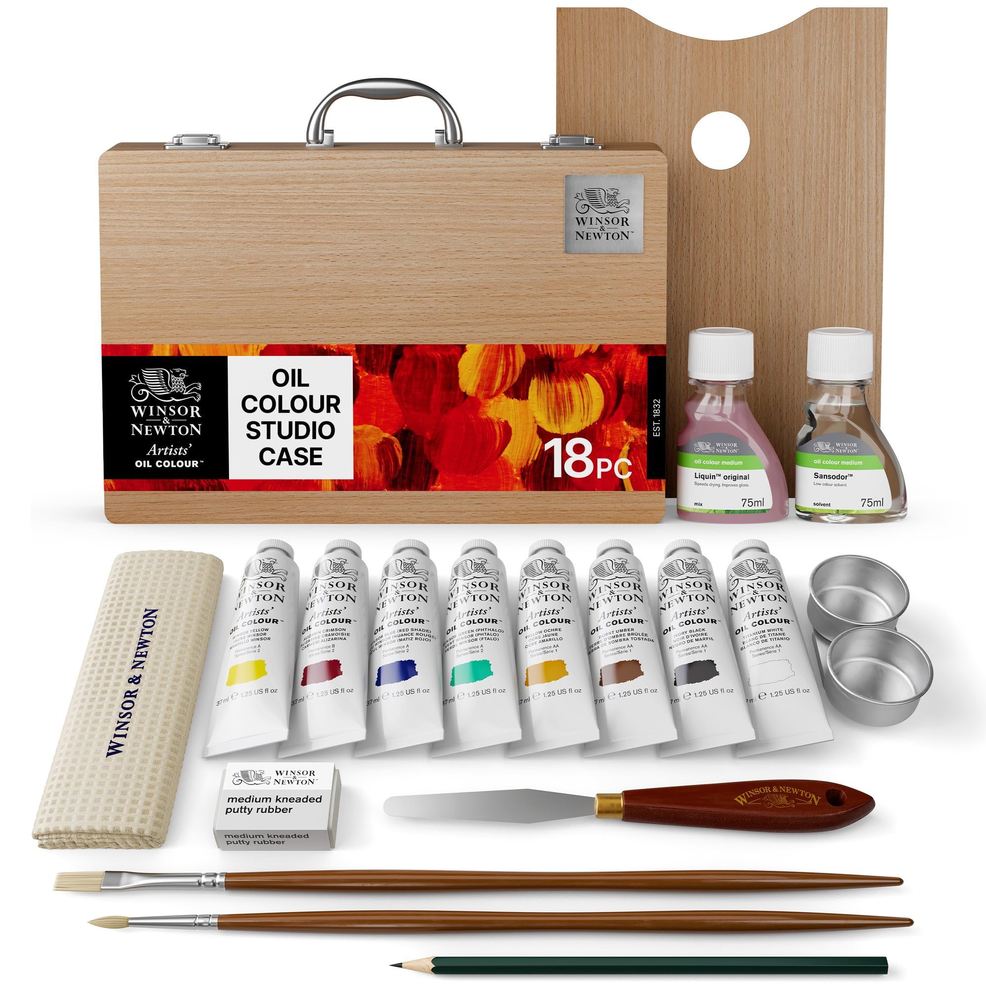 Winsor & Newton 1290144Zestaw artystyczny do malowania olejnego, 8 farb olejnych w tubkach 37 ml, Liquin Original 75 ml, medium do malowania olejnego Sansodor 75 ml i akcesoria