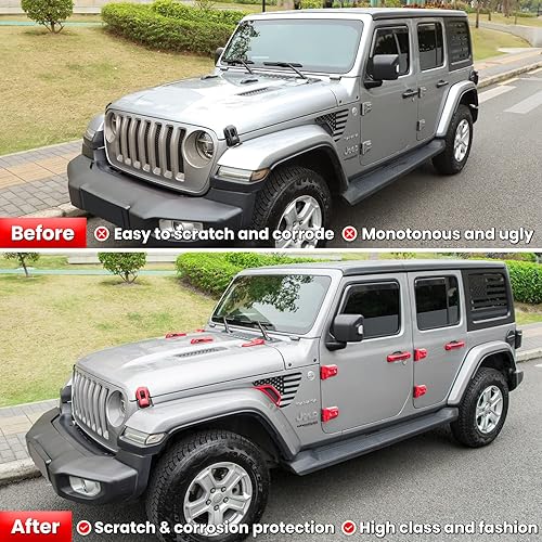 Miniatura 7 de Juego completo de 26 piezas de decoración exterior para Jeep Wrangler JL JLU 2018-2023, bisagra de puerta, capó, bisagra, capó, pestillo de la