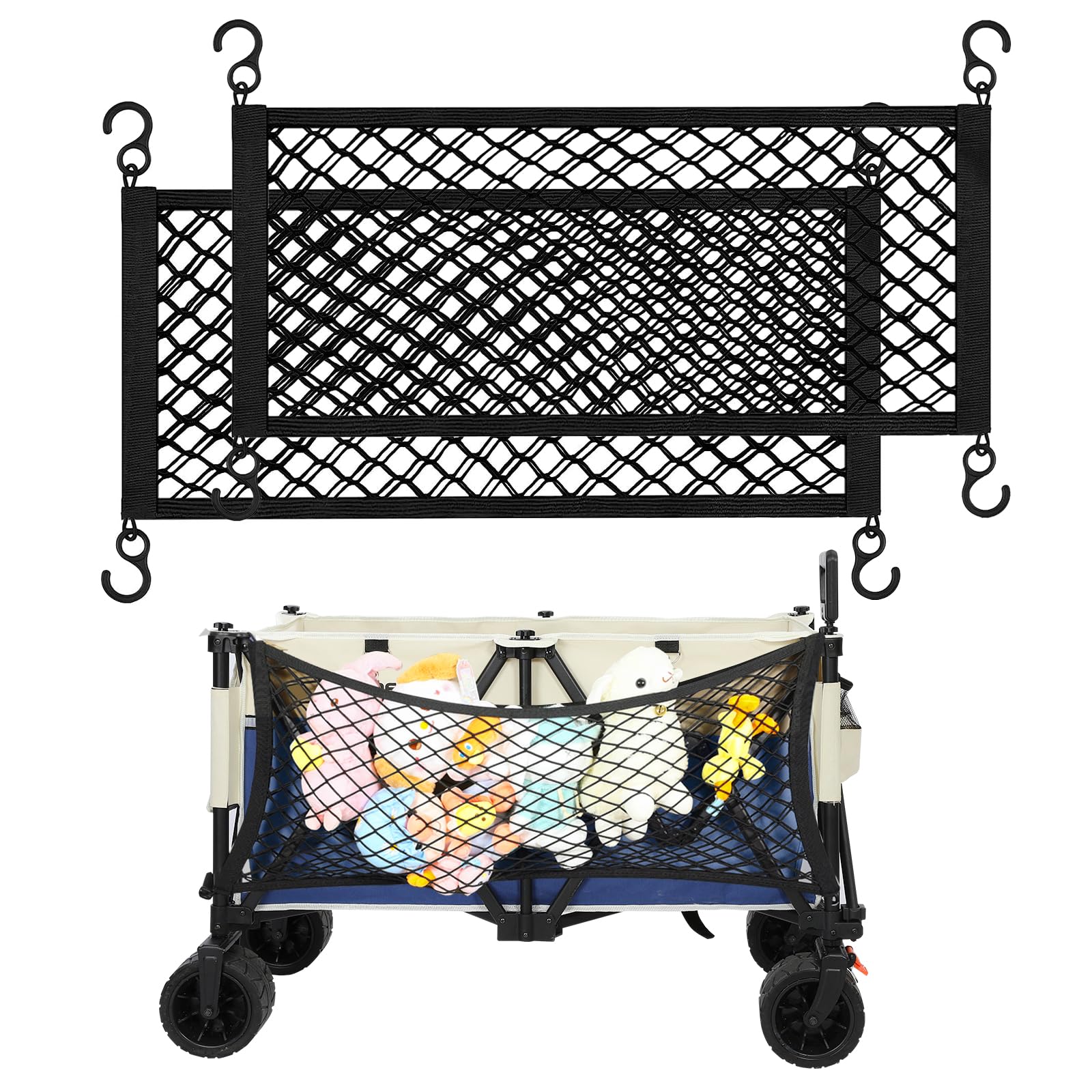 Heavy Duty Wagon Cargo Net, Double-Layer Wagon Accessories for Beach Wagons Carts, Elastic Storage Organizer Net with Hook, 31.5in x 14.5in, 2 Pack