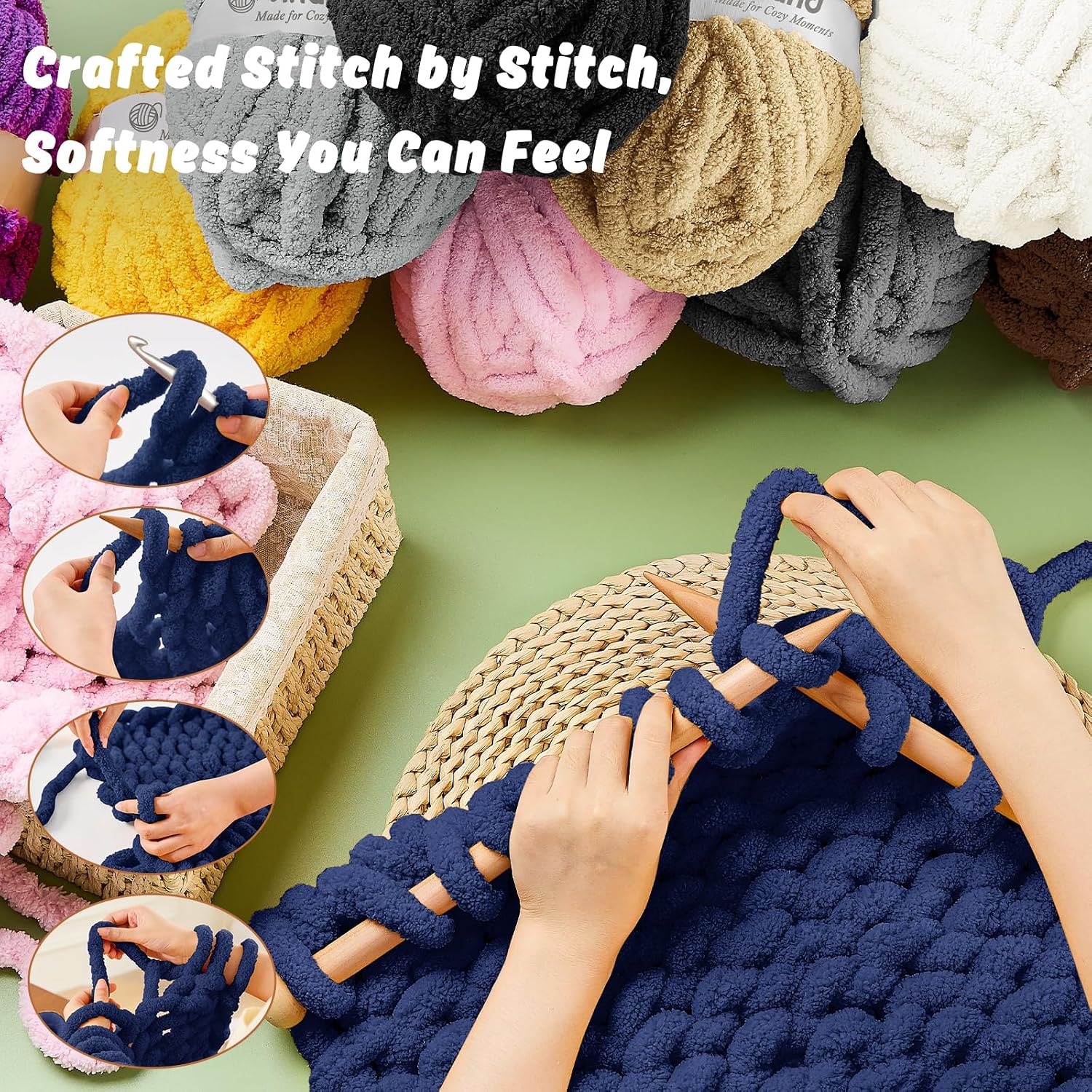 Inhand Chunky Chenille Yarn for Hand Knitting,Thick Bulky Blanket Yarn for Crocheting,Soft Fluffy Yarn for Crochet Birthday Gifts for Men/Women/Beginners,8 Pack (29.5Yds/8.4oz Each),Deep Navy