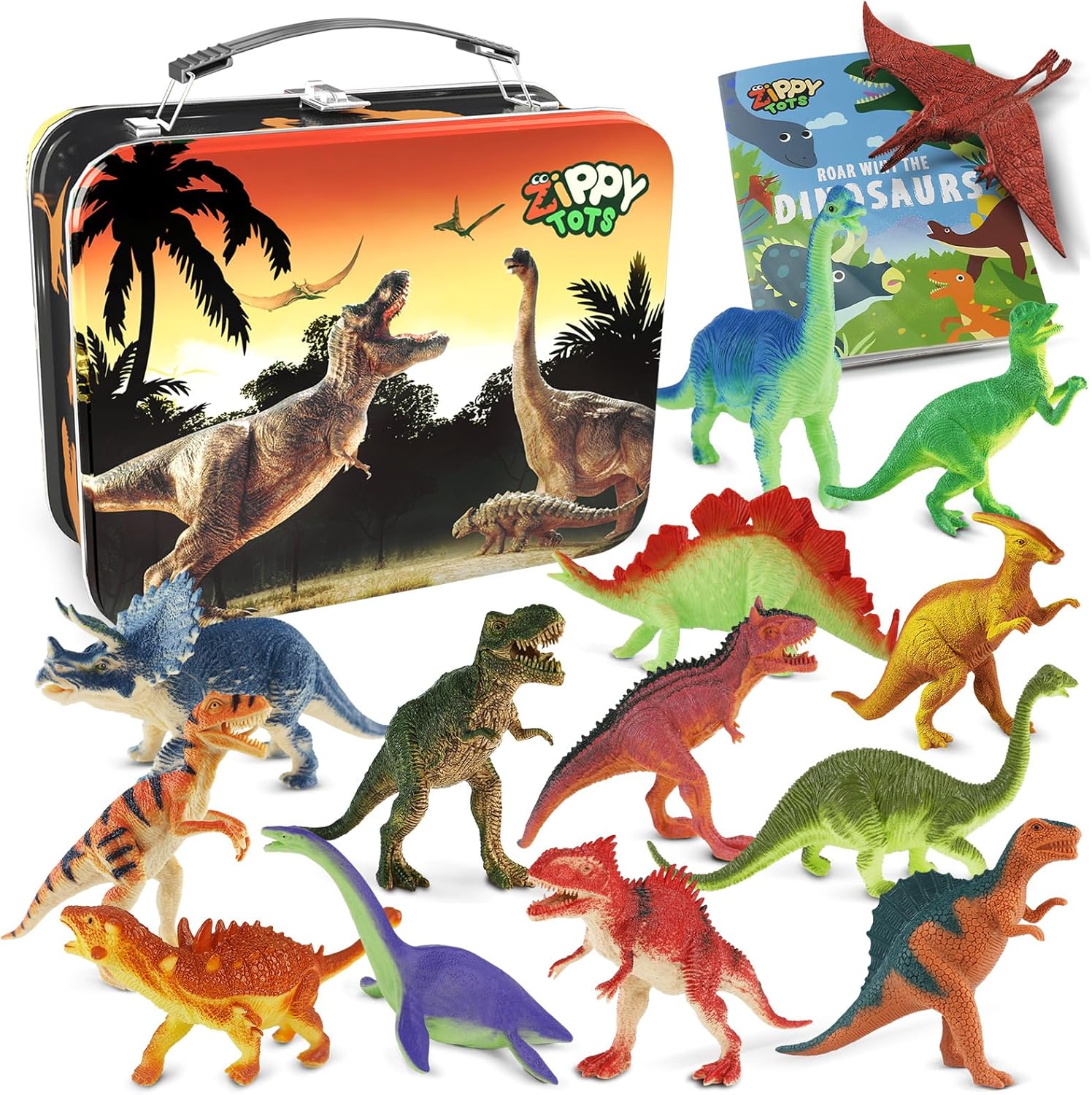 Zippytots Dinosaur Toys for Kids 3-5-7-14 Realistic Plastic Dinosaur Figures with Metal Storage Box & Learning Booklet - Educational Dino Figure Toys for Boys Girls Toddlers