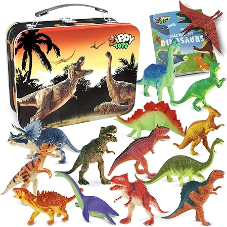 Dinosaur Toys 3-5-7-14 Realistic Plastic Dinosaur Figures with Metal Storage Box &