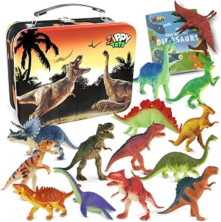 Dinosaur Toys for Kids 3-5-7-14 Realistic Plastic Dinosaur Figures with Metal Storage Box & Learning Booklet - Educational Dino Figure Toys for Boys Girls Toddlers