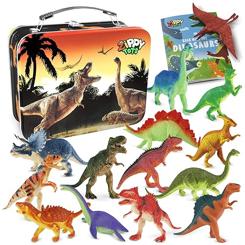 Zippytots Dinosaur Toys for Kids 3-5-7-14 Realistic Plastic Dinosaur Figures with Metal Storage Box & Learning Booklet - Educational Dino Figure Toys for Boys Girls Toddlers