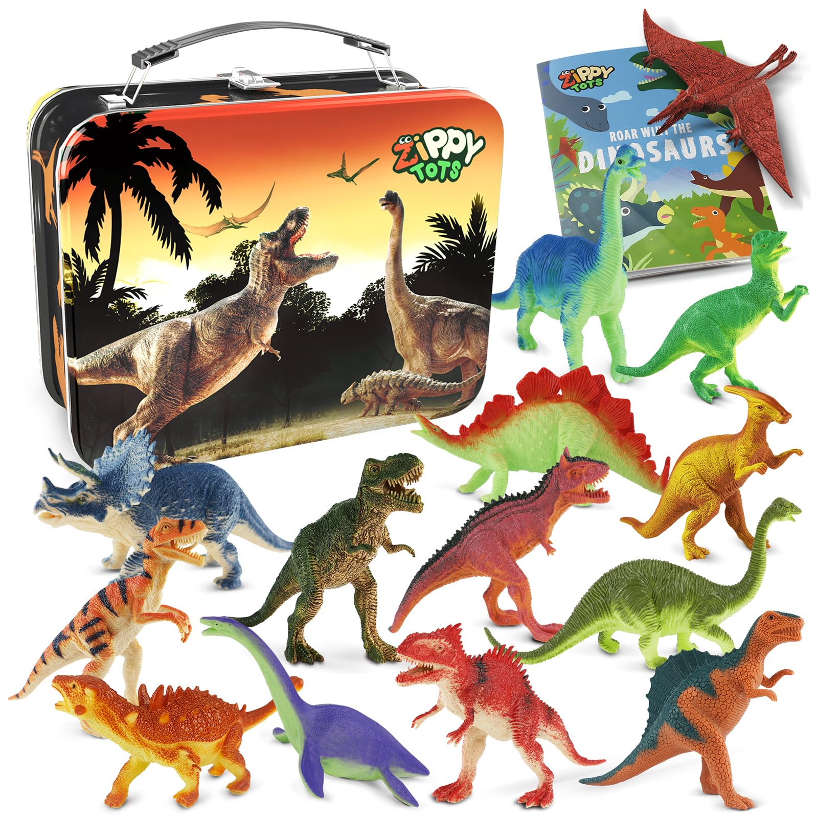 Zippytots Dinosaur Toys for Kids 3-5-7-14 Realistic Plastic Dinosaur Figures with Metal Storage Box & Learning Booklet - Educational Dino Figure Toys for Boys Girls Toddlers