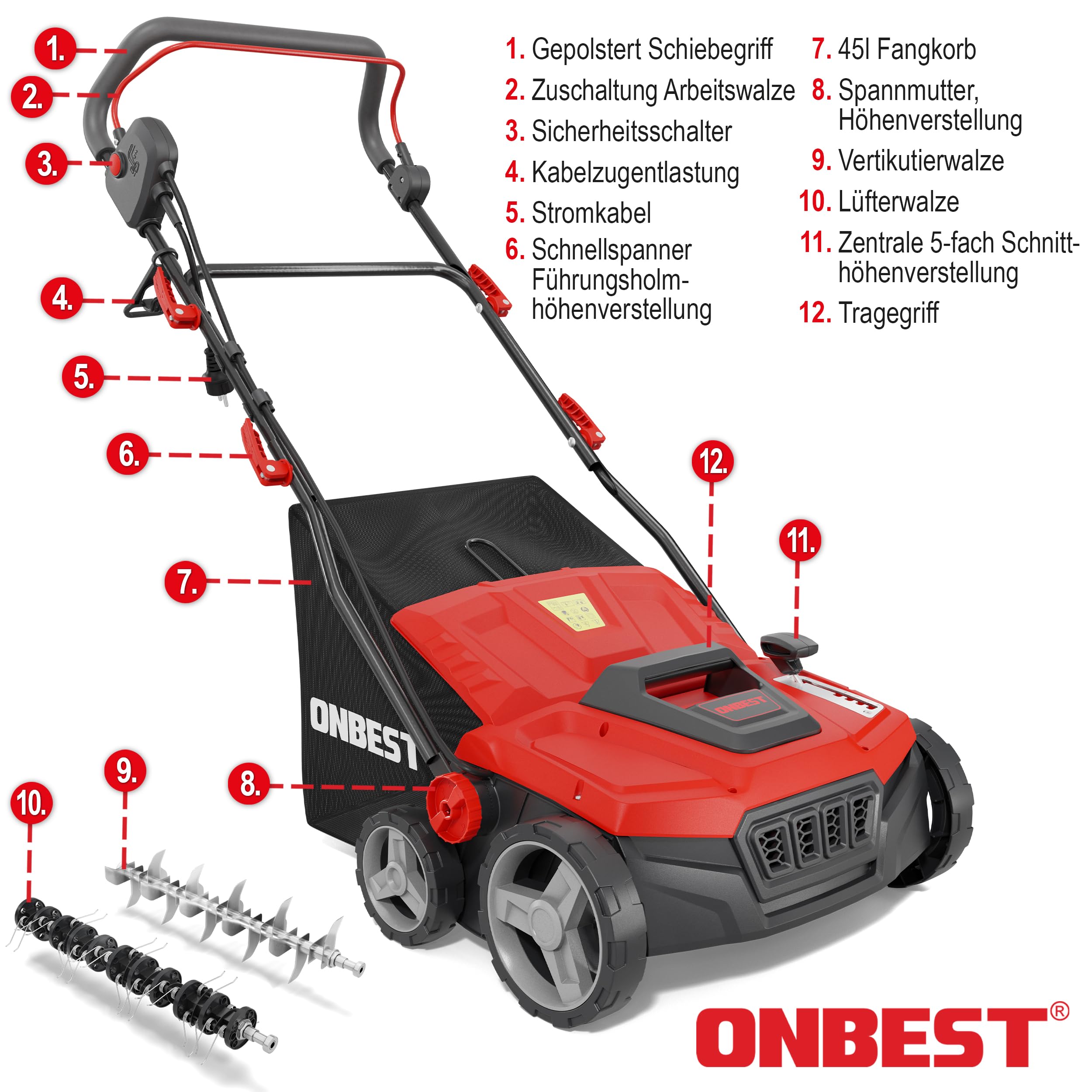 ONBEST 2in1 Elektro Vertikutierer 1800 W – 38 cm mit Fangkorb | Rasenvertikutierer mit Vertikutier- & Lüfterwalze, 45 L Fangkorb – entfernt Moos, Unkraut und Rasenfilz