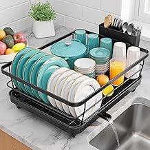 Stainless Steel Dish Drying Rack for Kitchen Counter, Sink Organization and Storage Essentials with Silverware & Utensil Holder, Home and Apartment Decor, 12''W x 15.5''L, Black