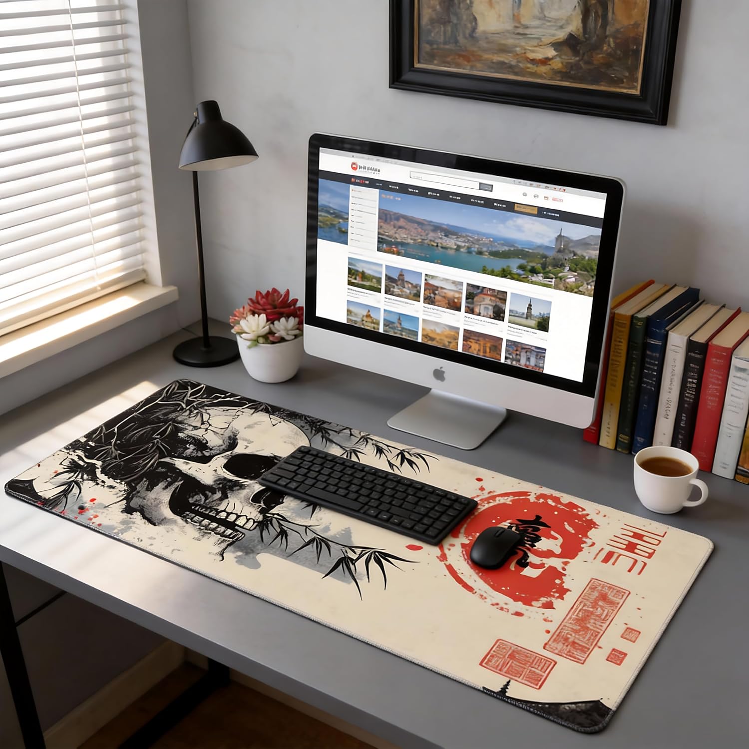 Aesthetic Skull Gaming Mouse Pad, Beige Black Japanese Desk Mat with Anti-Slip Base & Stitched Edges,35.4" x 15.7" in Desk Accessories for Women, Home Office Decor & Artistic Gift