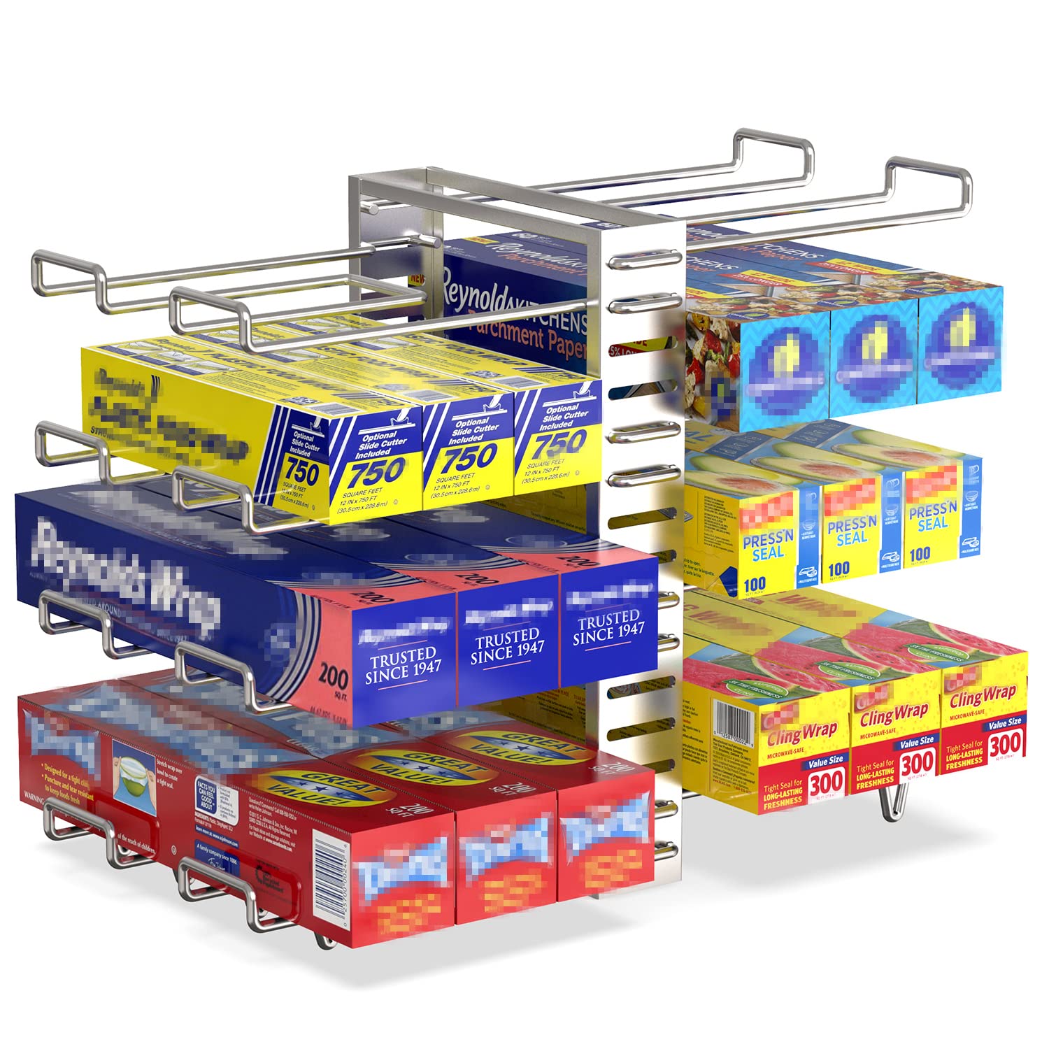 AAUU Stackable Kitchen Wrap Organizer Rack, 4 Tier Adjustable Wrap Box Organizer with 8 Wire Holders, Multifunctional Wrap Rack Foil Holder for Kitchen Cabinet Pantry