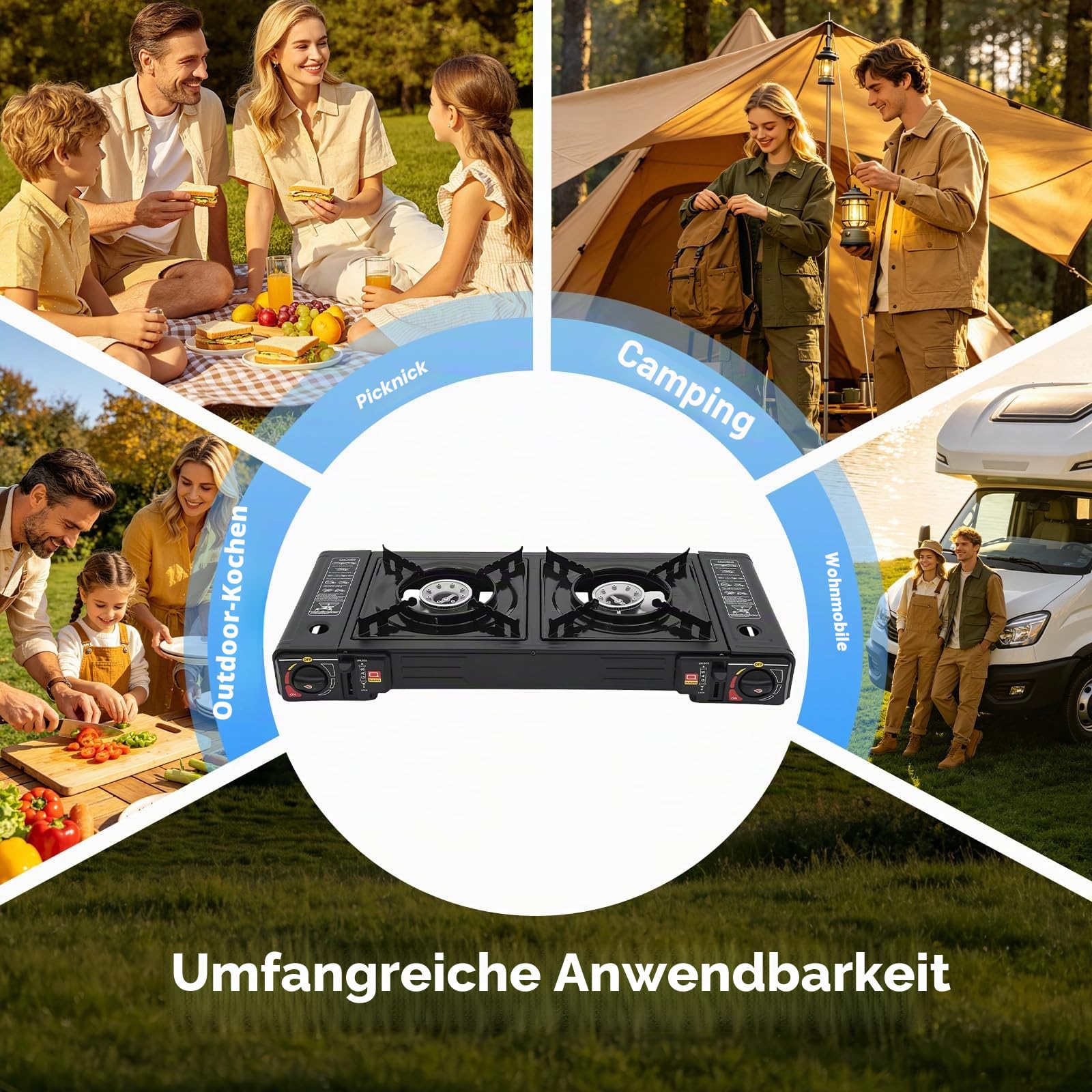 2-Brenner Gasgrill, 2 Flammig Gaskocher, Tragbarer Doppelbrenner BBQ Grill, Tischgasgrill Mit Überdruck-Sicherheitsventil, Camping Gas Kocher für Garten, Outdoor Kocher für Butan oder LPG