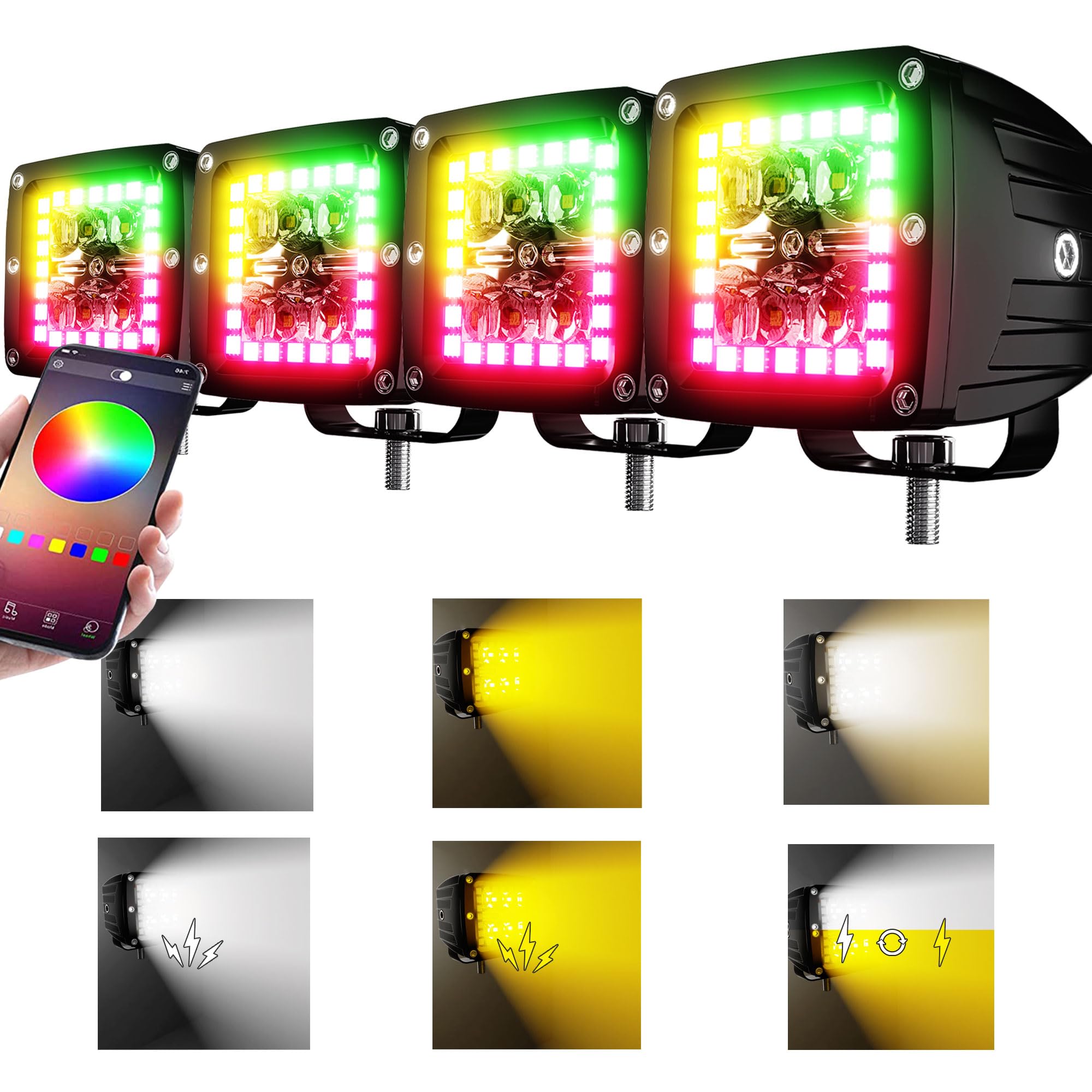 ASLONG 4Pcs 3X3 LED Cube White/Amber Pods Strobe Flood Work Pods w/Chaser RGB Halo 16 Solid Colors Over 92 Flashing Modes Offroad Fog Flasing 3x3 Lights & Wiring Harness