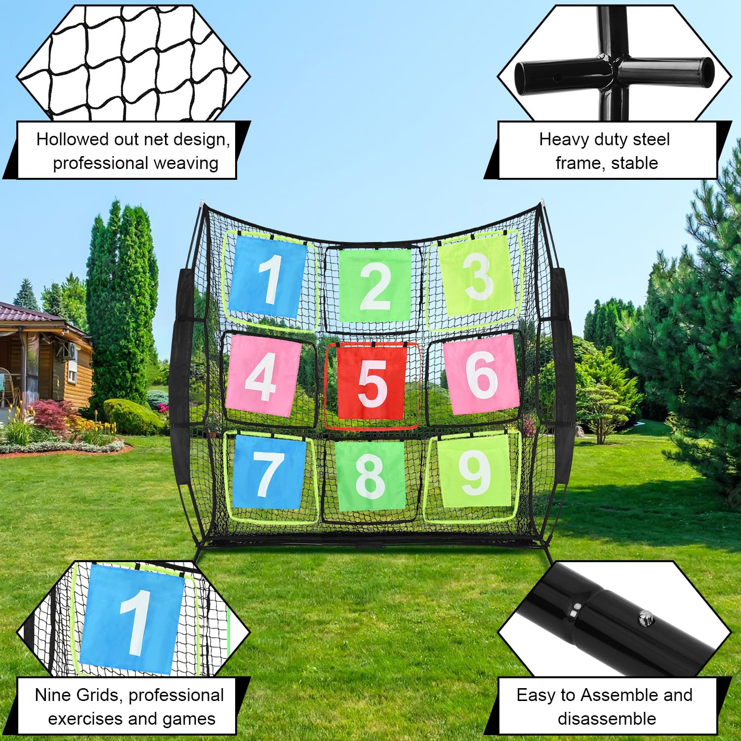 Disc-Golf-Netz, tragbares Disc-Trainingsnetz mit 9 Zielen, multifunktionales Übungsnetz, Disc-Golf-Zielnetz für Hinterhof, Indoor-Outdoor-Spiel, 2,1 m x 2,1 m
