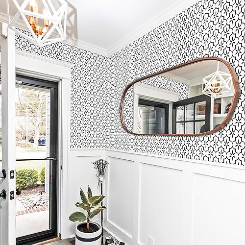 Miniatura 6 de Papel tapiz con patrón geométrico negro de 17.7 x 197 pulgadas, diseño de enrejado blanco y negro, papel tapiz autoadhesivo extraíble, papel de