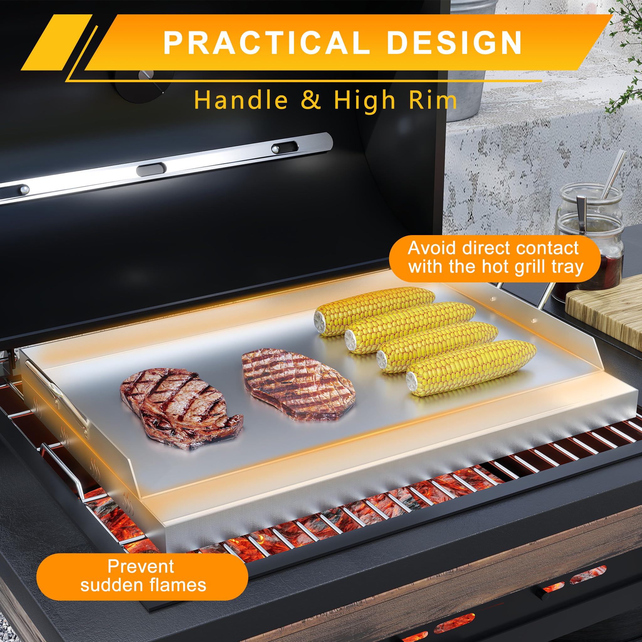 Froadp Edelstahl Grillplatte | 47x32x7cm Universal BBQ Plancha mit Ölrinne | BBQ Plancha für Gas- & Holzkohlegrill | Grillzubehör inkl. Spachtel & Griffen