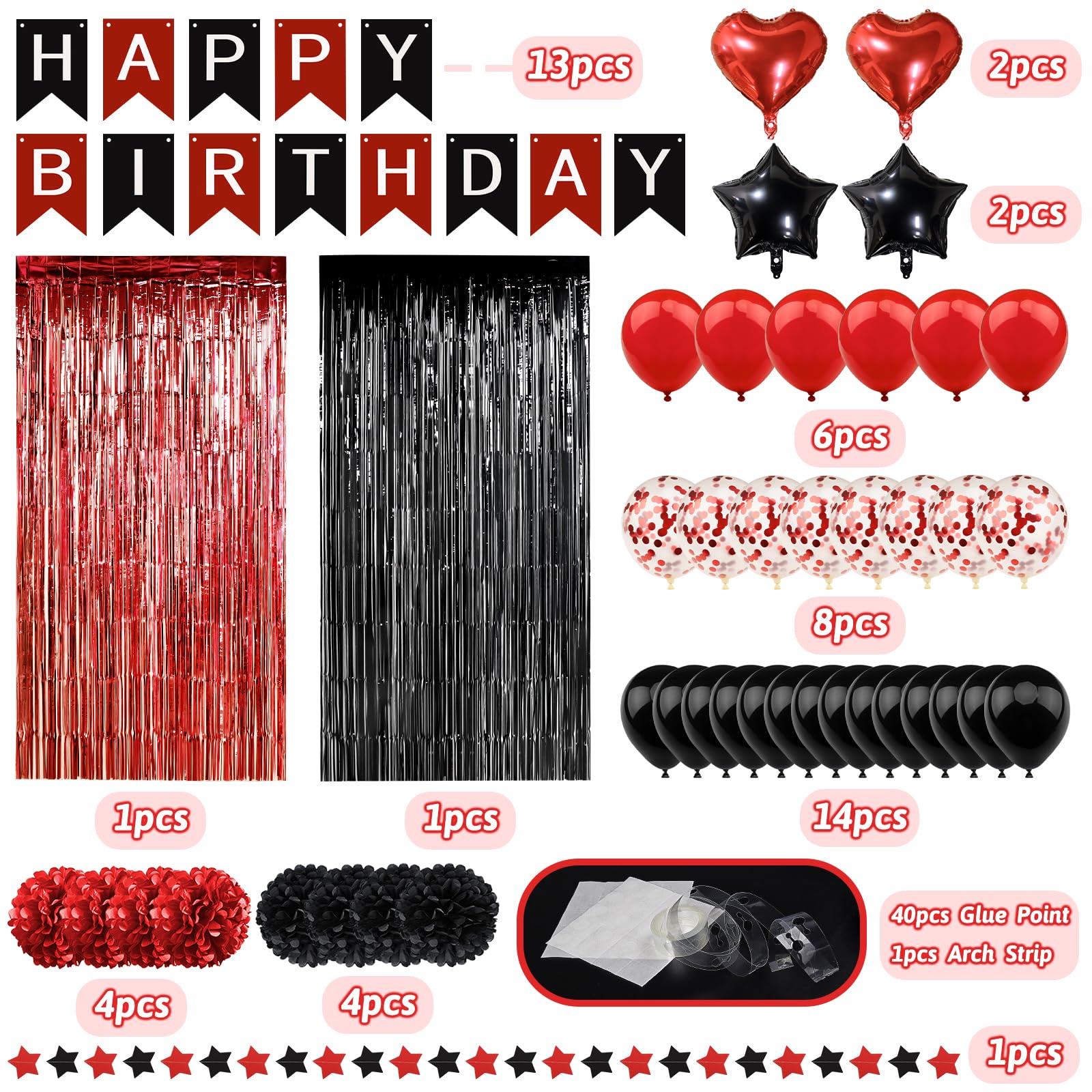 ZERODECO Red Black Birthday Party Decorations - Banner, Pompoms, Balloon Arch, Fringe Curtain Party Decor for Baby Girls Women's Birthday Celebration