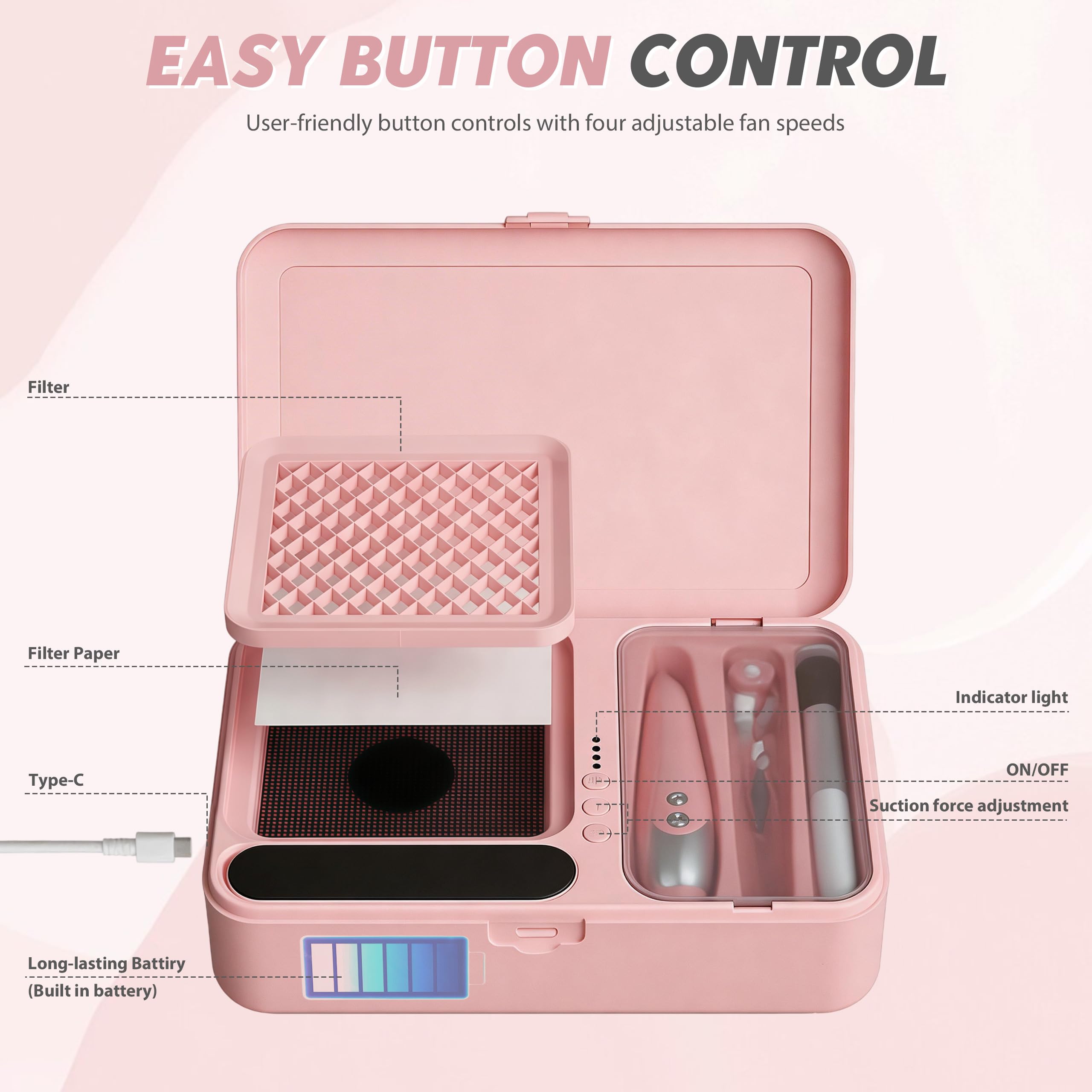 Lima Eléctrica para Uñas con Aspiración de Polvo Integrada, Fresador Inalámbrico con 4 Niveles de Succión, Set de Manicura con 13 Cabezales Recargable USB-C para Uso Doméstico