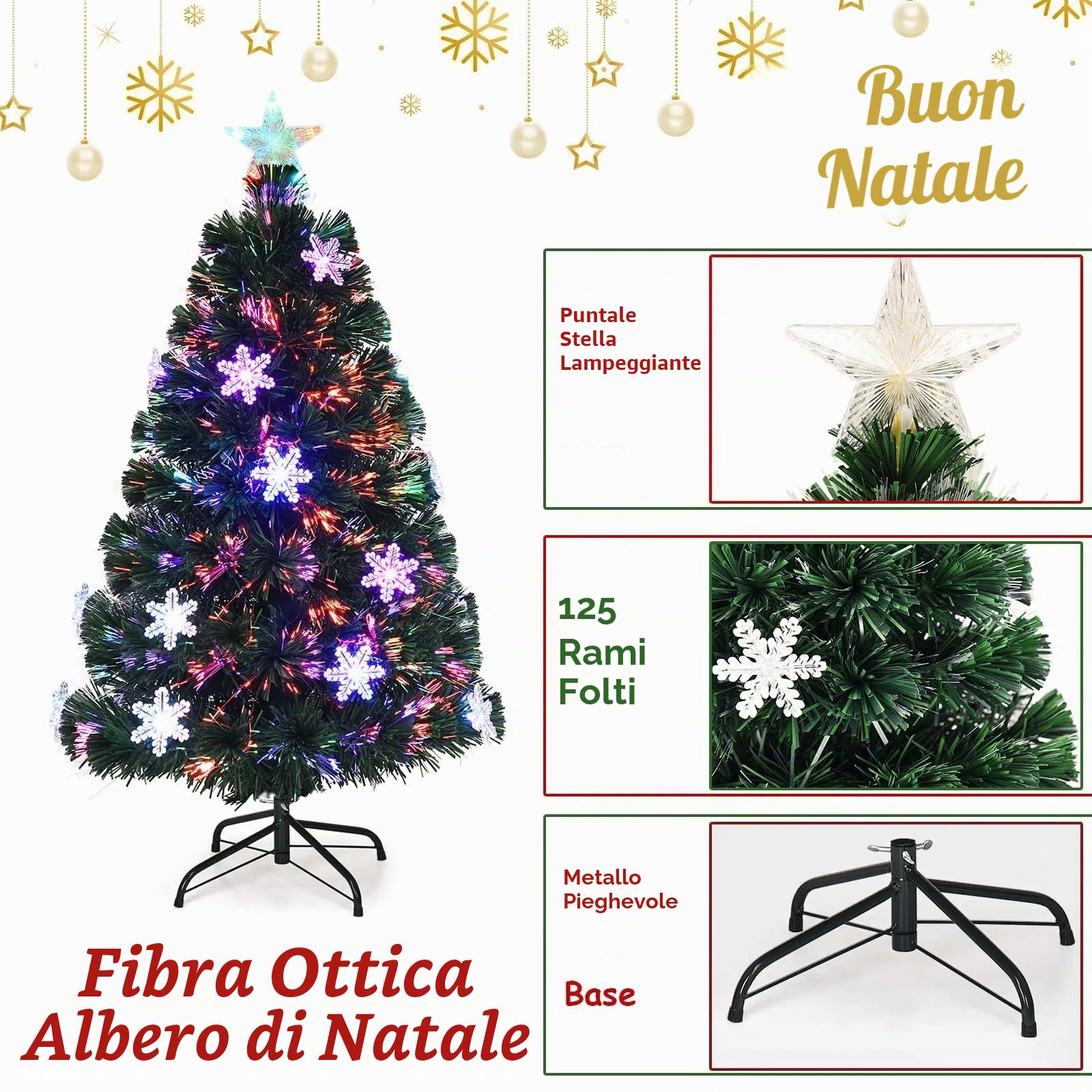 KOMFOTTEU Albero di Natale Artificiale 90/120/150/180 cm, Albero di Natale con Luci LED Incorporate e Base, Christmas Tree in PVC, per Casa, Negozio, Ufficio, Feste (S)