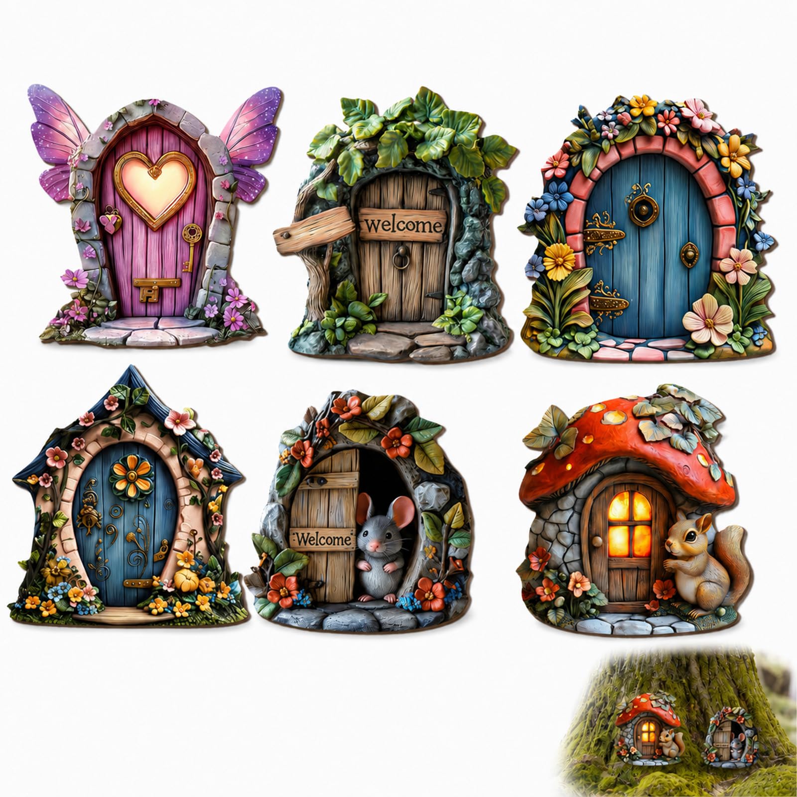 OmniCraft 6 Pcs 2D Wooden Fairy Doors Fairy Garden Outdoor Tree Decor