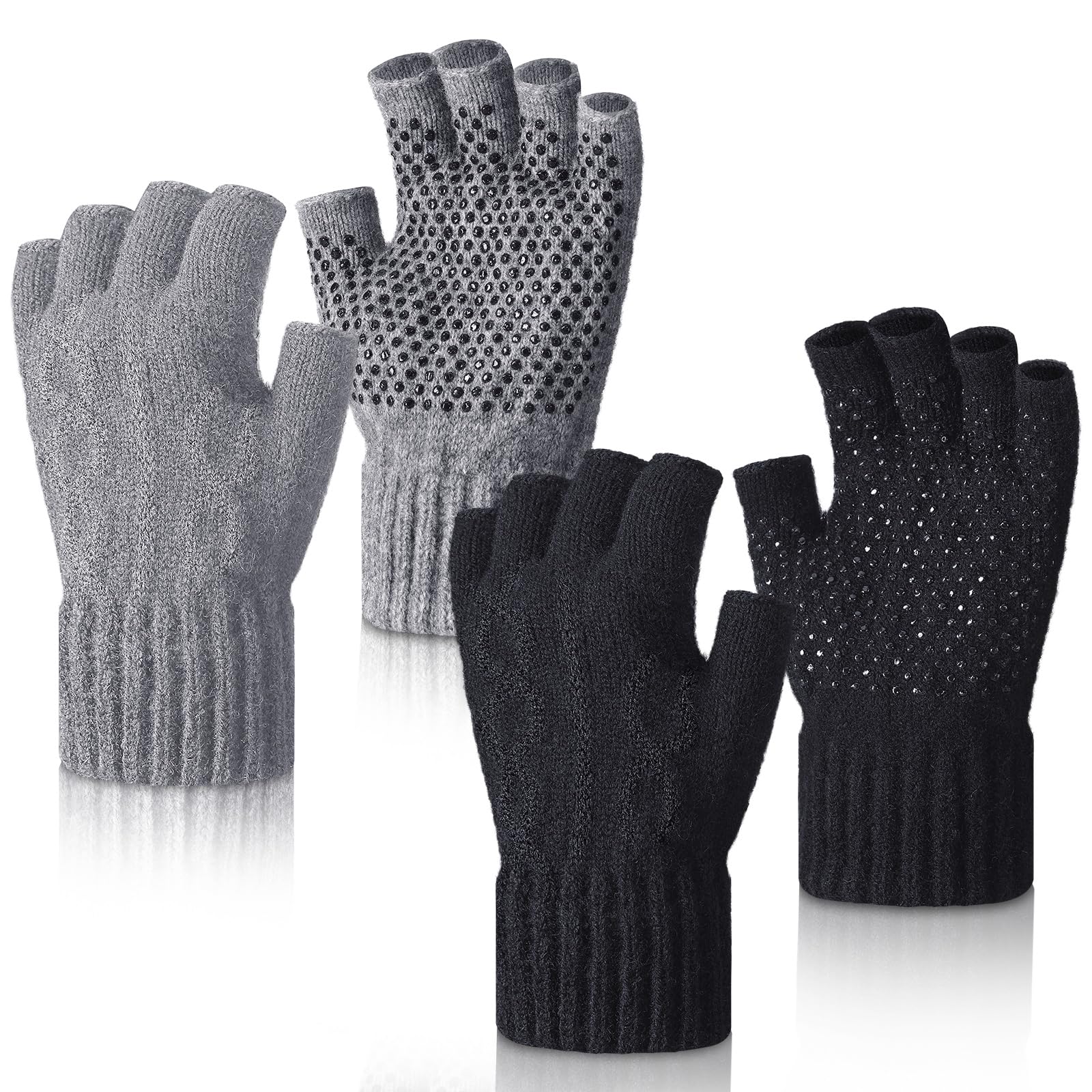 Geyoga 2 Pairs Wool Fingerless Fishing Gloves for Men Women Anti-Slip with Grip Dots Warm Winter Fly Ice Fishing Gloves