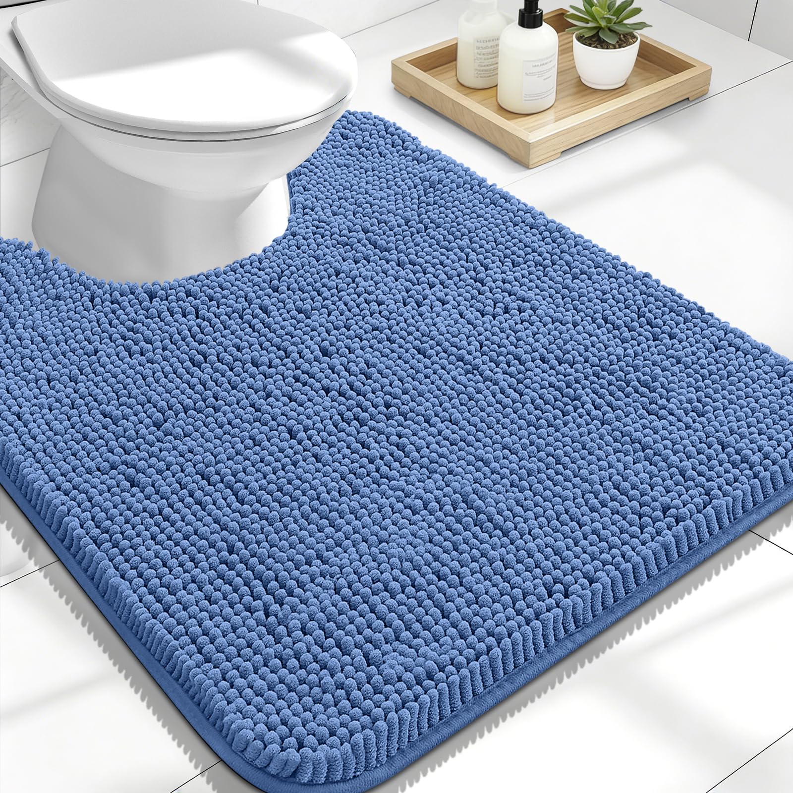 OLANLY Toilet Rugs U-Shaped 24x20, Soft Absorbent Chenille Contour Rugs | Cornflower Blue, Quick-Drying Rubber Backing, Washable Non-Slip Shaggy Bathroom Mat for Toilet, Home Decor Accessories
