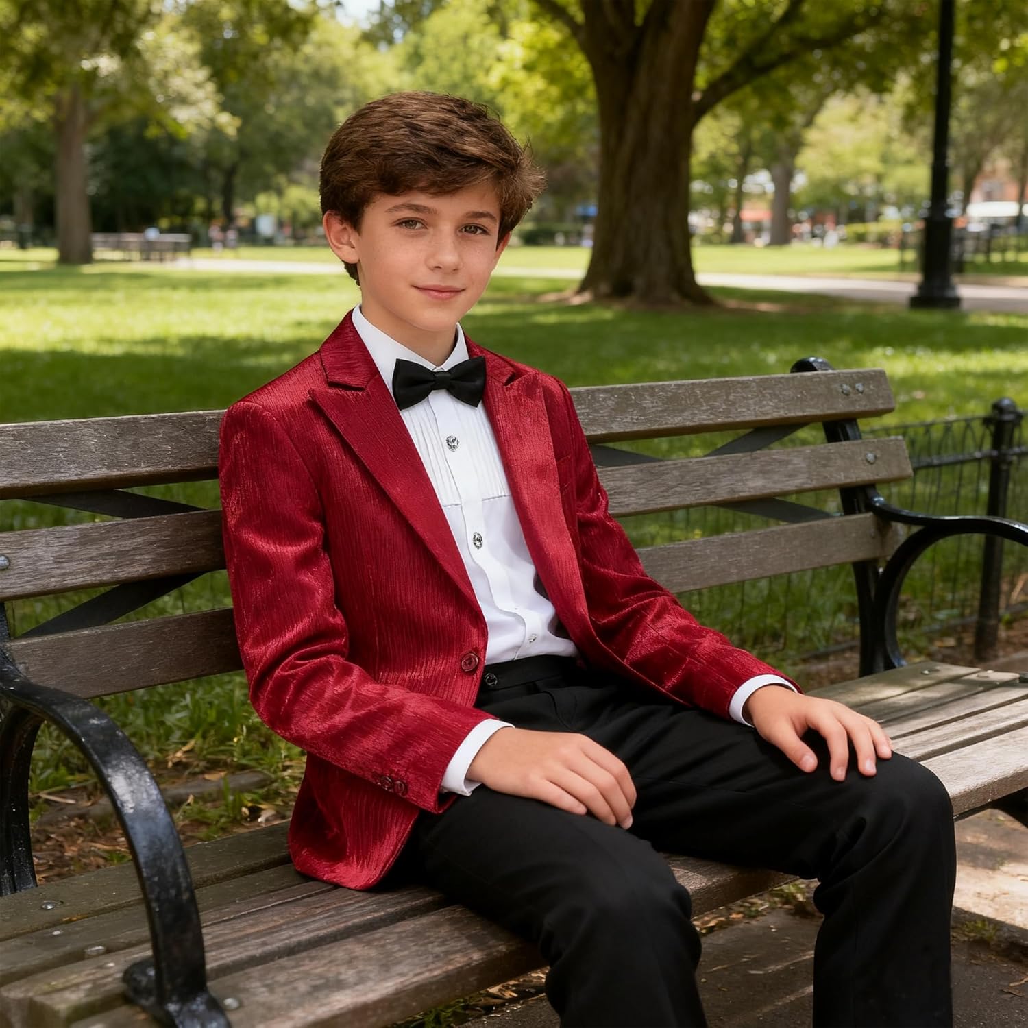 Lamgool Boys Velvet Suit Set Slim Fit Tuxedo Kids Formal Outfit 4 Piece with Blazer Jacket Shirt Pant Bow Tie for Wedding