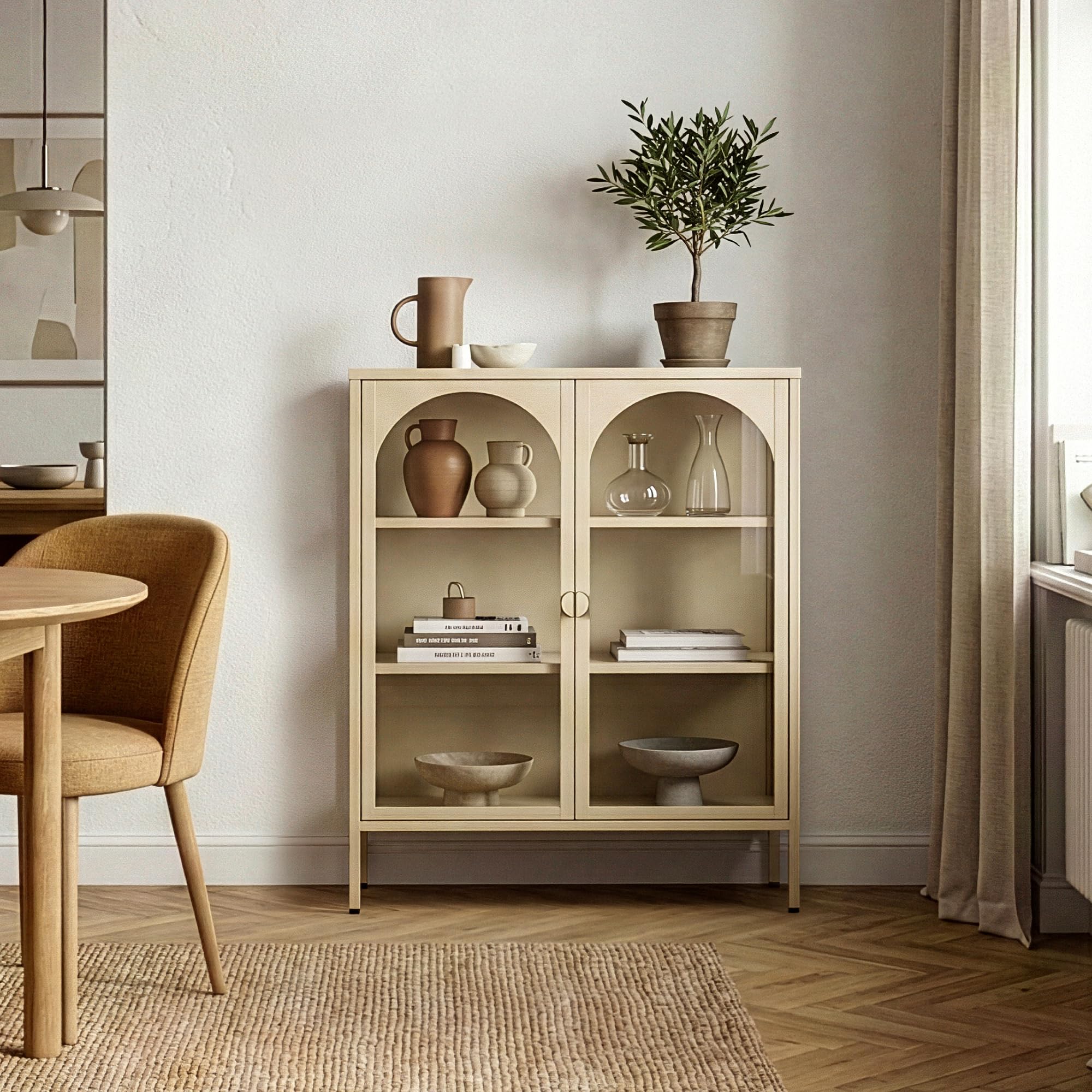 [en.casa] Vitrina Klippestad Aparador Alto 2 Puertas de Cristal Transparente 3 Compartimentos Cerrados Mueble Auxiliar para Cocina Comedor Oficina Acero 95 x 80 x 35 cm - Camel