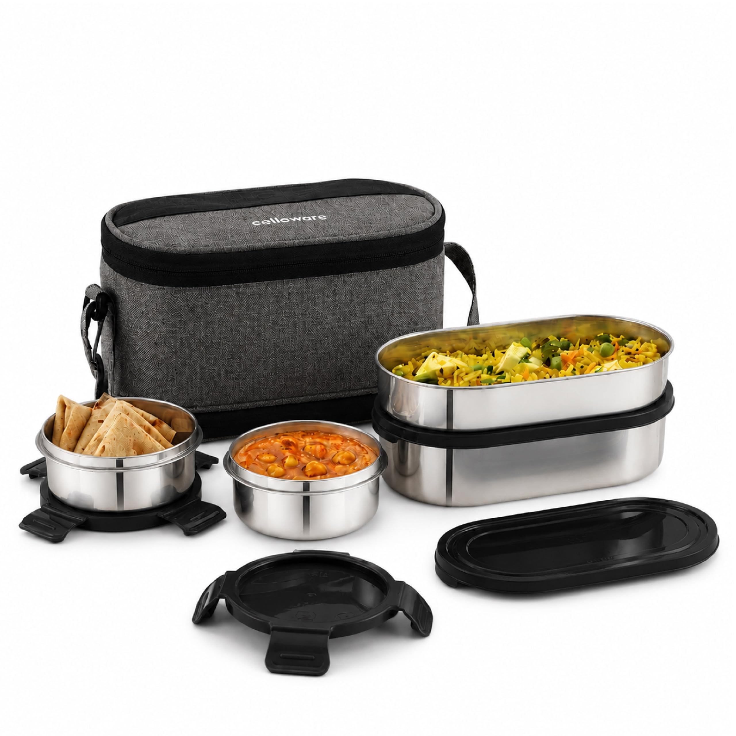 CELLO MF Senator Set of 4 Stainless Steel Lunch Box with Extendable Zipper Bag, Black | 300ml, 300ml, 500ml Containers, 750ml Oval Container with Spoon & Fork, Leakproof Airtight Tiffin Set for Office-image-48