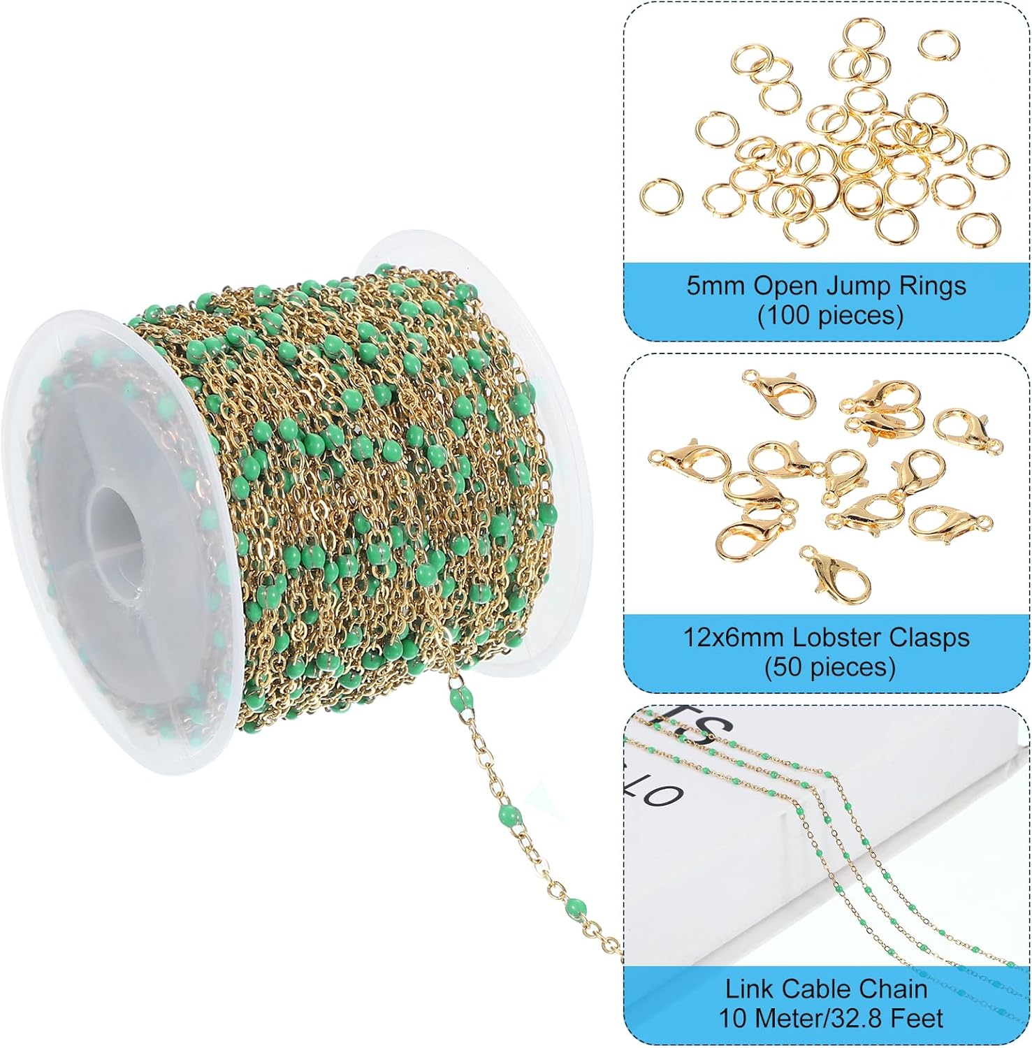 PATIKIL Stainless Steel Jewelry Chain, 33Ft 1.5mm Green Beaded Link Cable Chains for Necklace Earring Bracelet Findings Jewelry Making Trucker Hat Chains, Gold/Green
