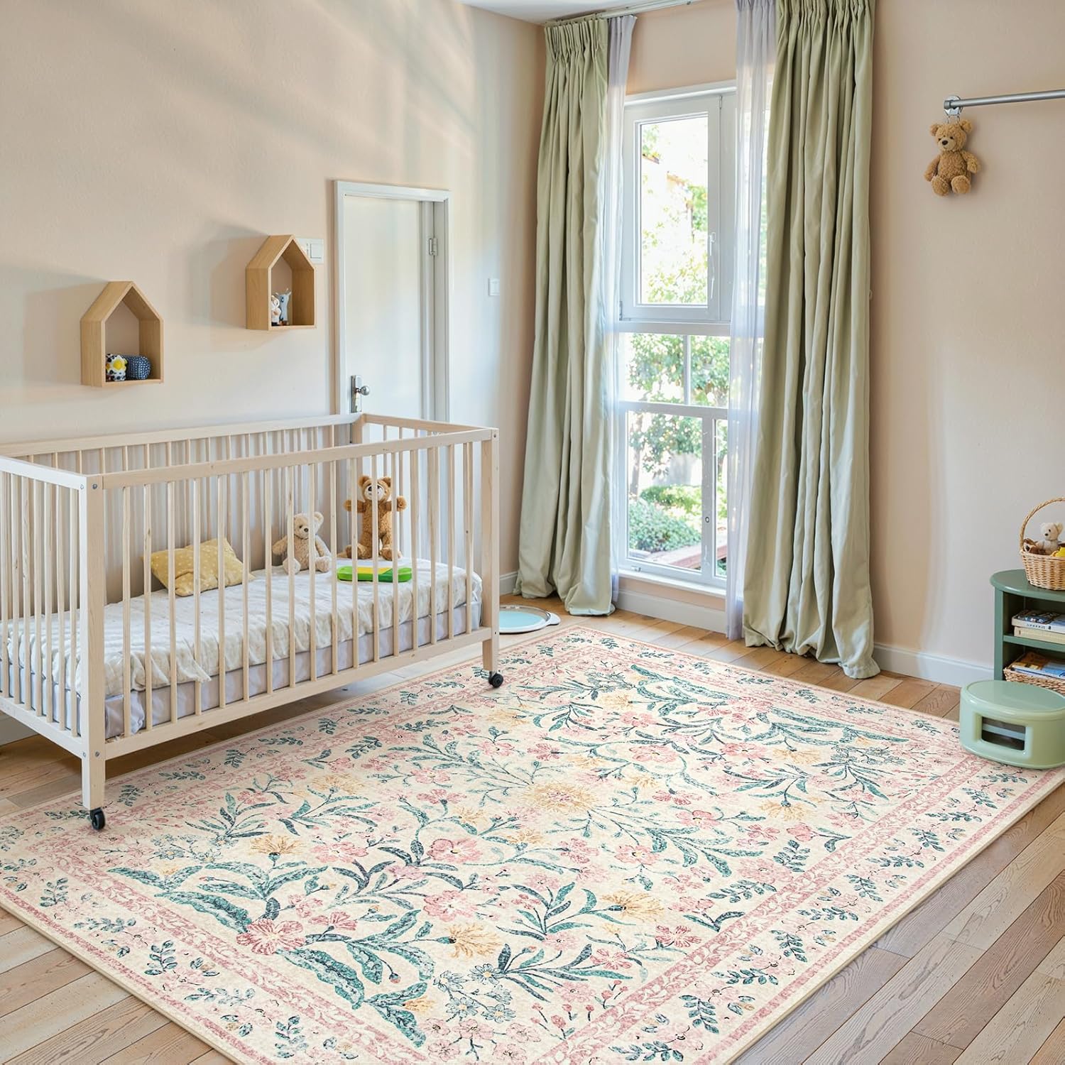 Lahome Sylvie Pink Washable Rugs for Bedroom Girls 6x9, Boho Floral Living Room Rugs Non-Slip, Soft Low-Pile Nursery Carpet for Dining Room Kids Dorm