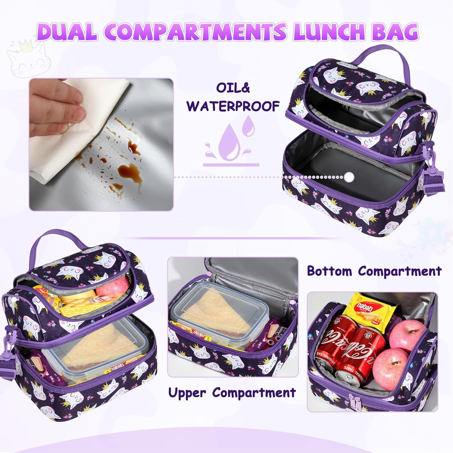 Lunch Bag for Girls,ChaseChic Insulated Lightweight Lunch Boxes for Kids Boys Dual Compartment Lunch Organizer Leak-Proof Cooler Bag with Detachable Adjustable Shoulder Strap,Purple Cats - Image 4