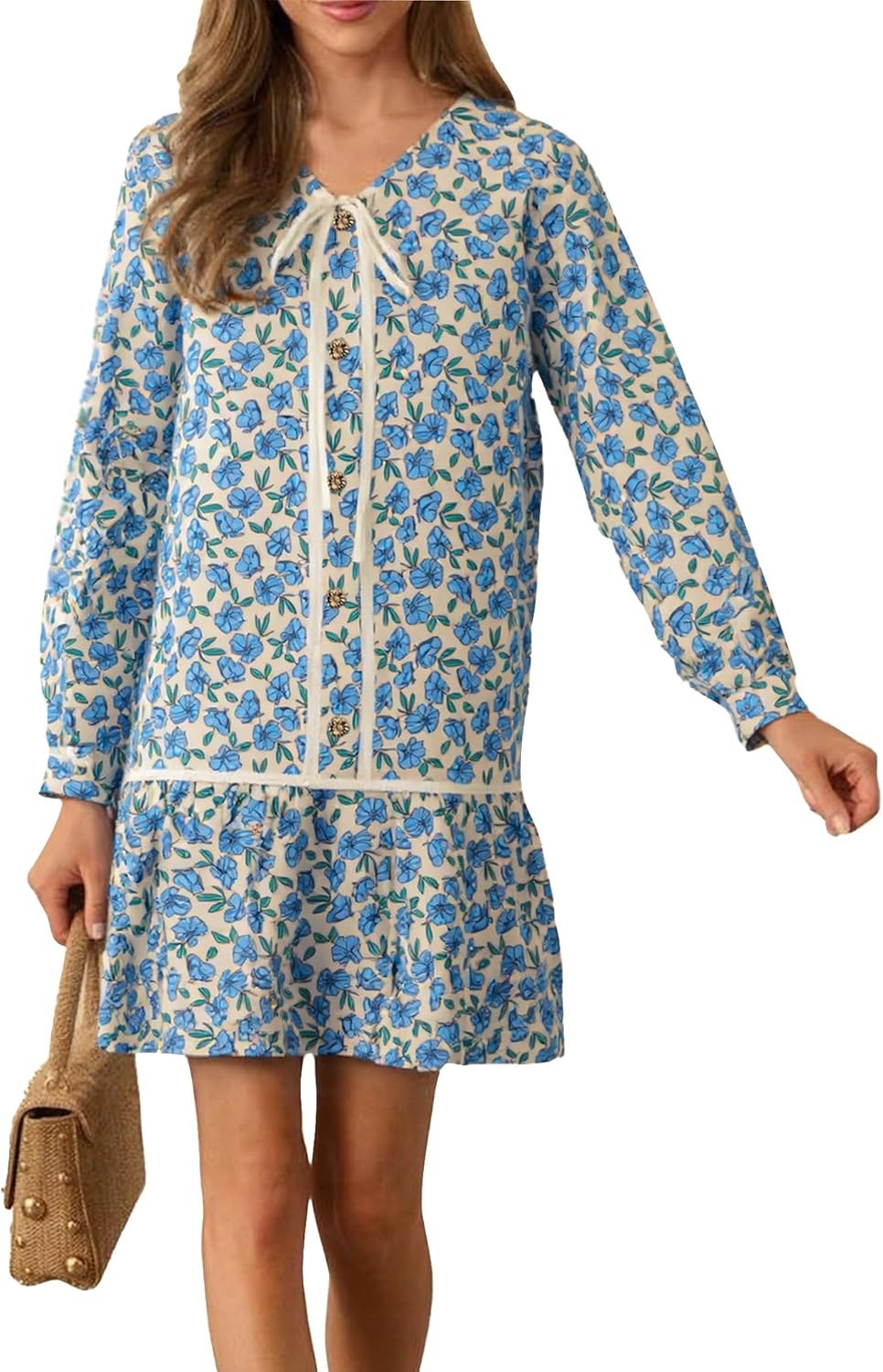 DERAX Womens Boho Floral Long Sleeve Mini Dress Botton Down Flowy Babydoll 2026 Spring Short Dresses